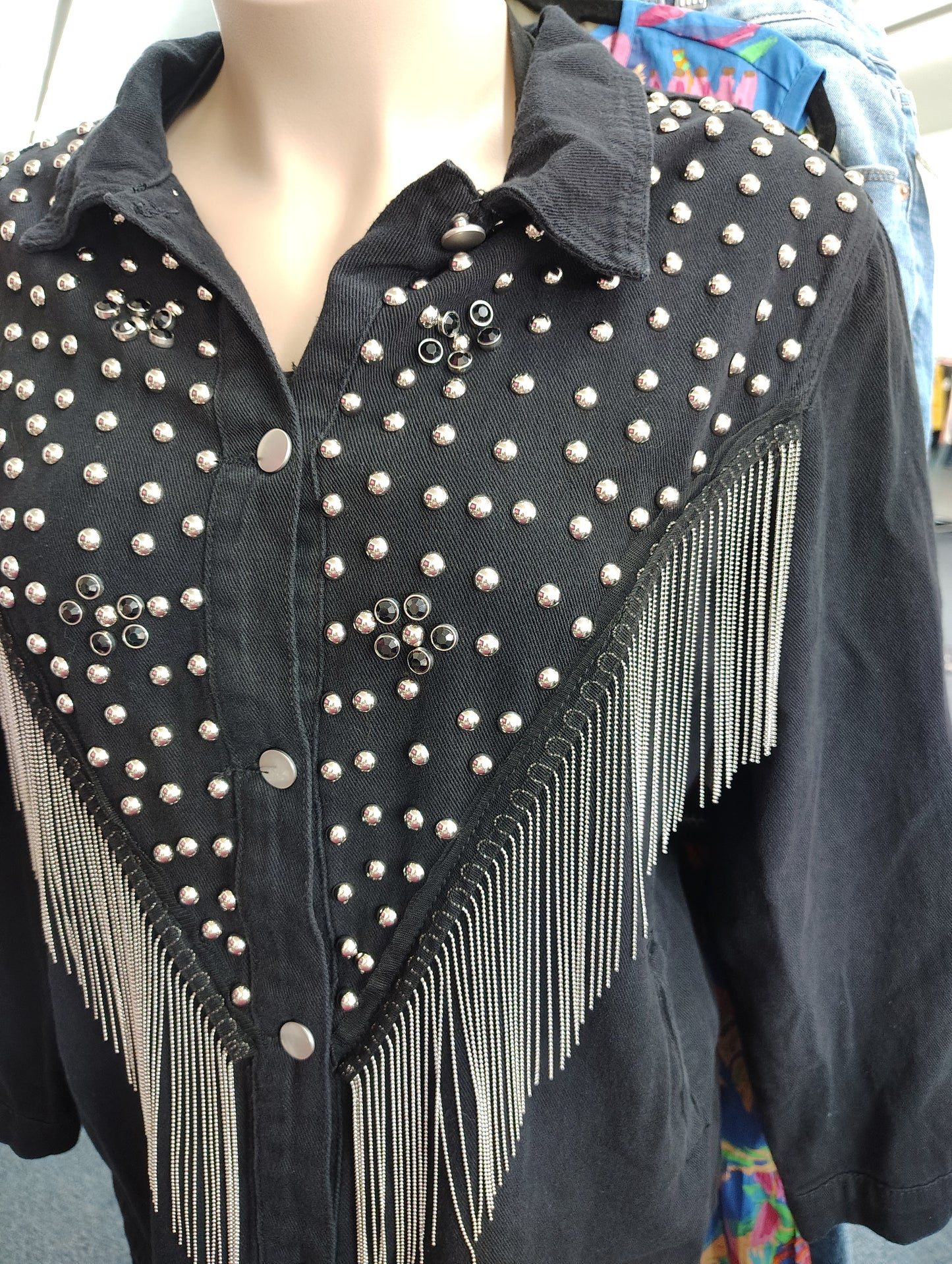 Shein Curve black button front western look fringe denim jacket size 2x