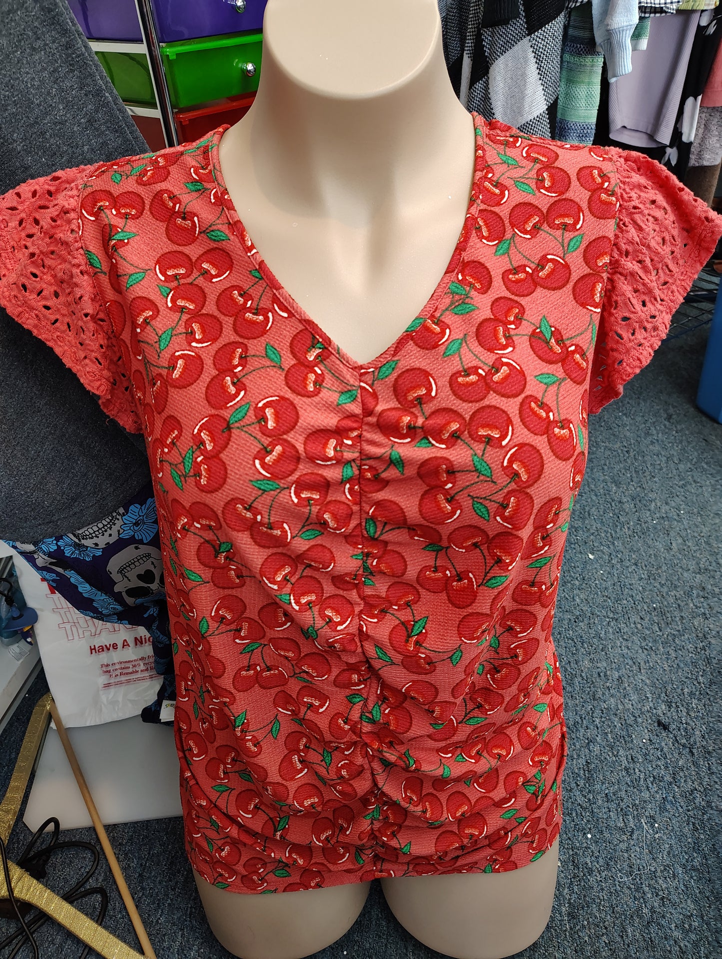 Cato ruched front ruffle sleeve cherry top size 3x