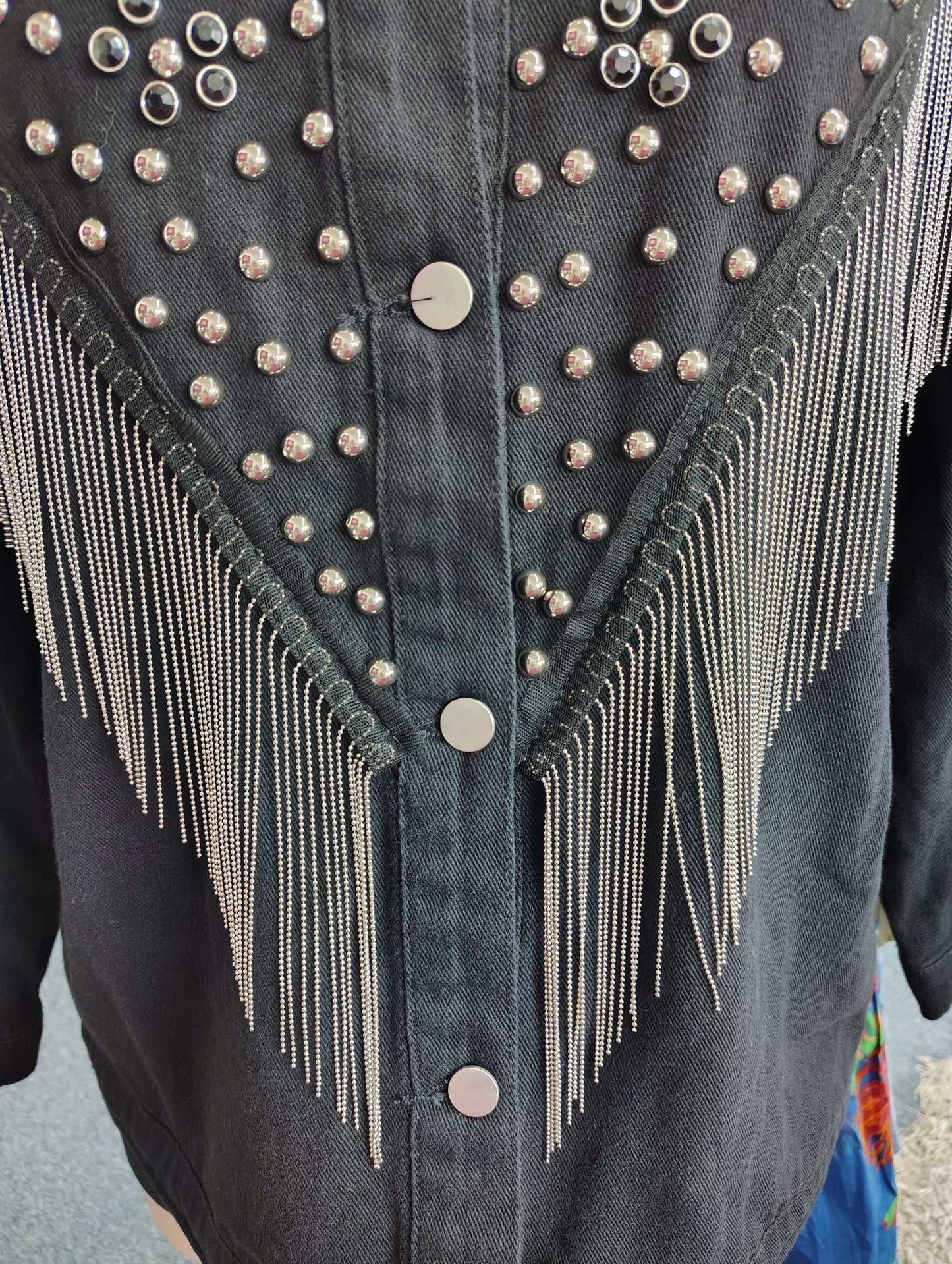 Shein Curve black button front western look fringe denim jacket size 2x