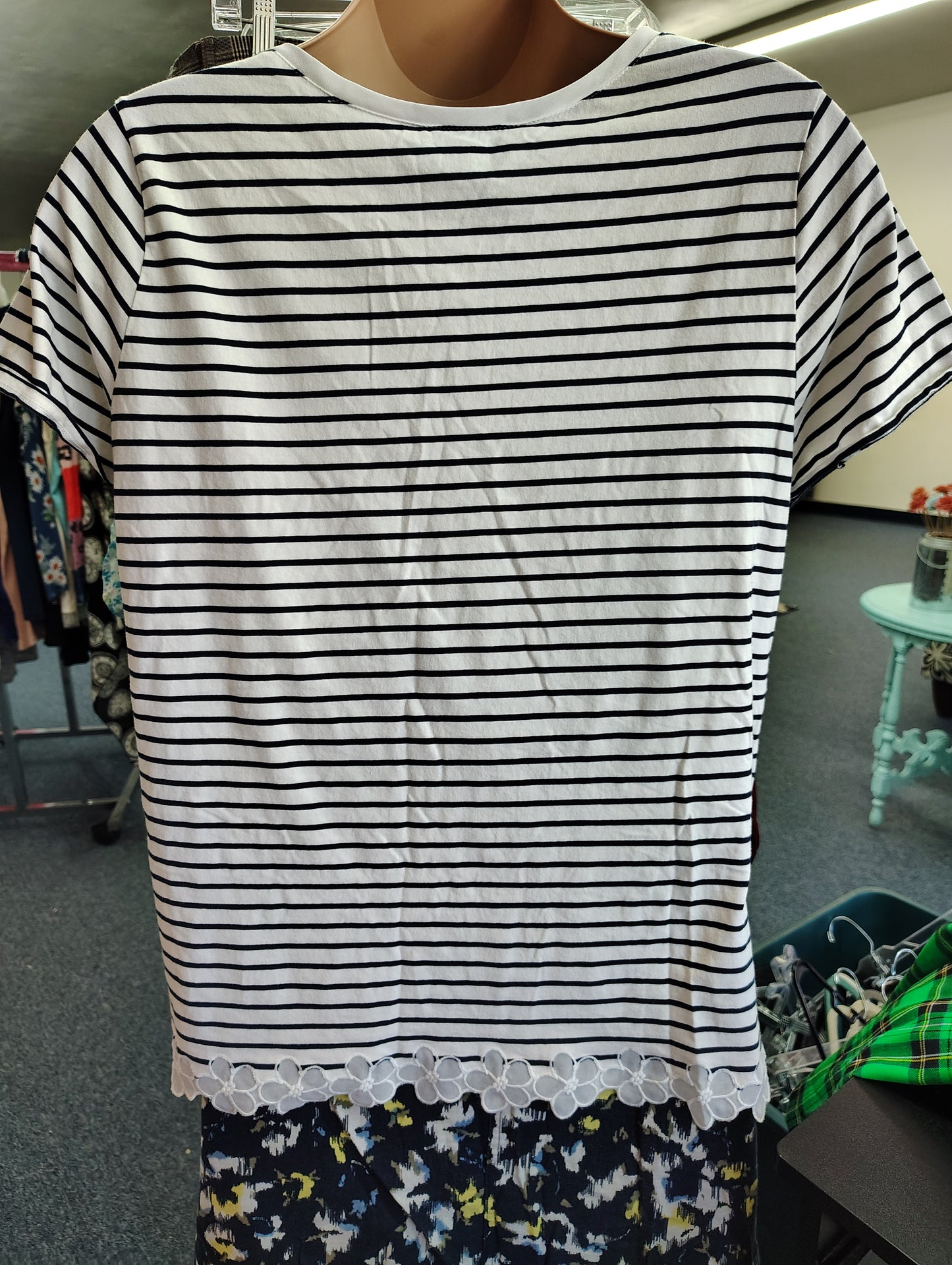 CJ Banks navy and white striped top with floral trim size 2x