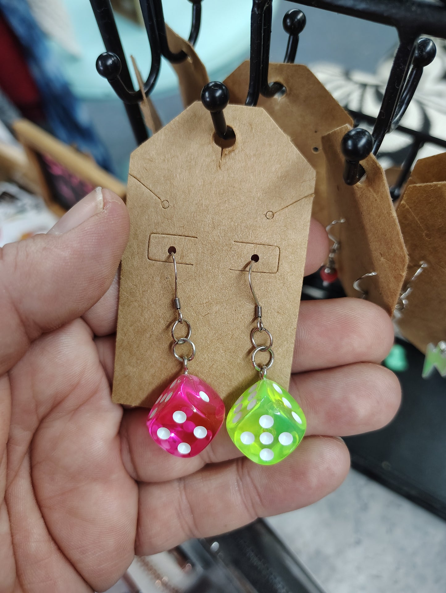 Handmade stainless steel post pink and green dice earrings
