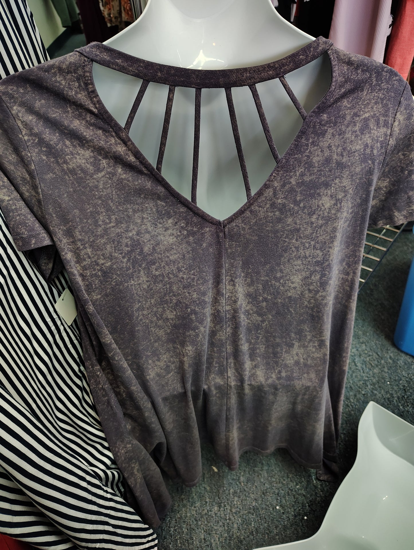 Asymmetrical hem acid washed purple tee with cutouts size 1x