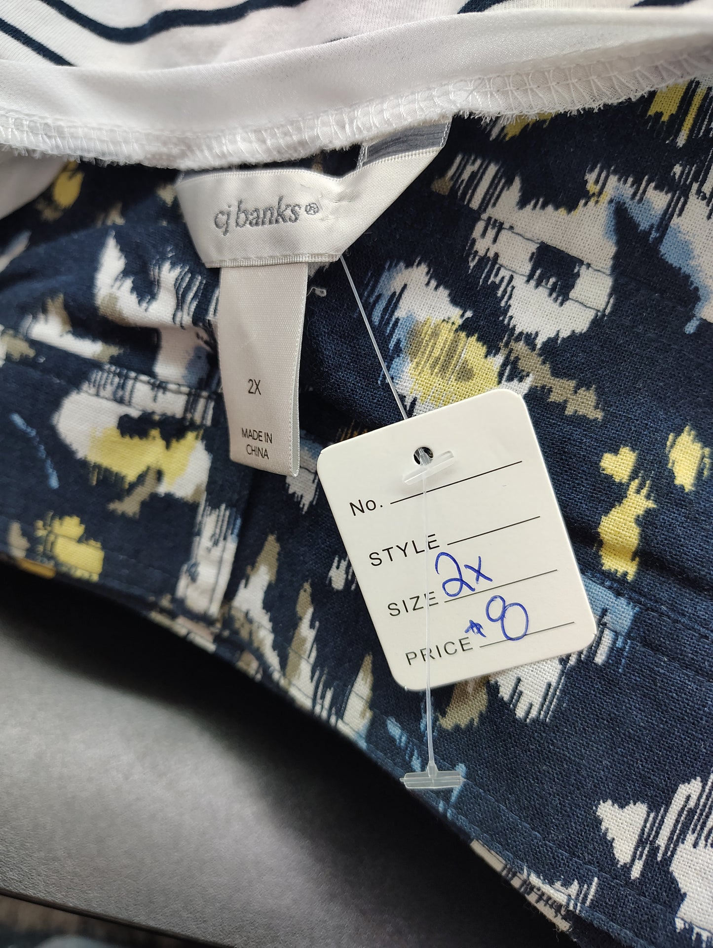 CJ Banks navy and white striped top with floral trim size 2x