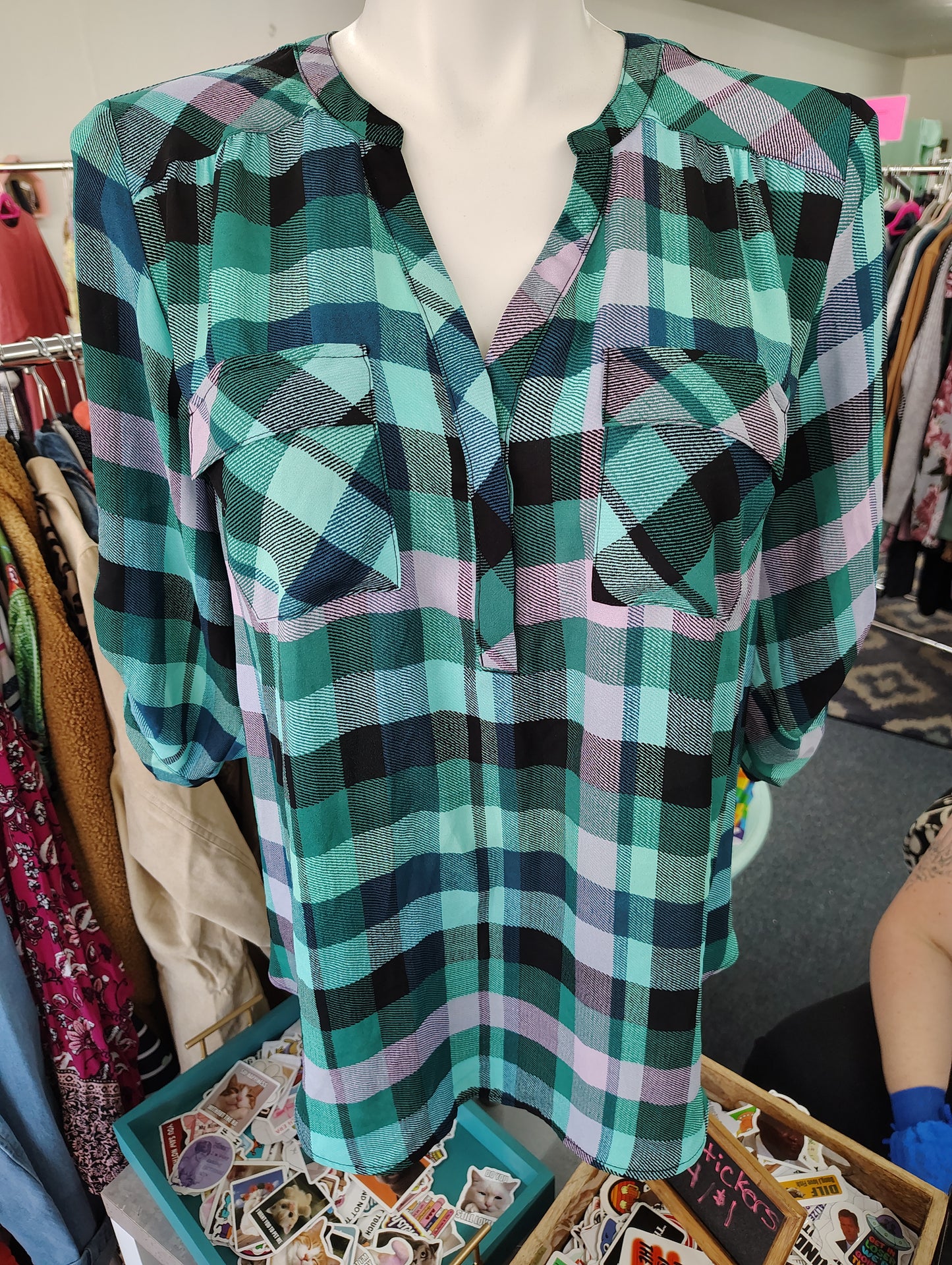 Torrid green plaid no stretch top size 1x