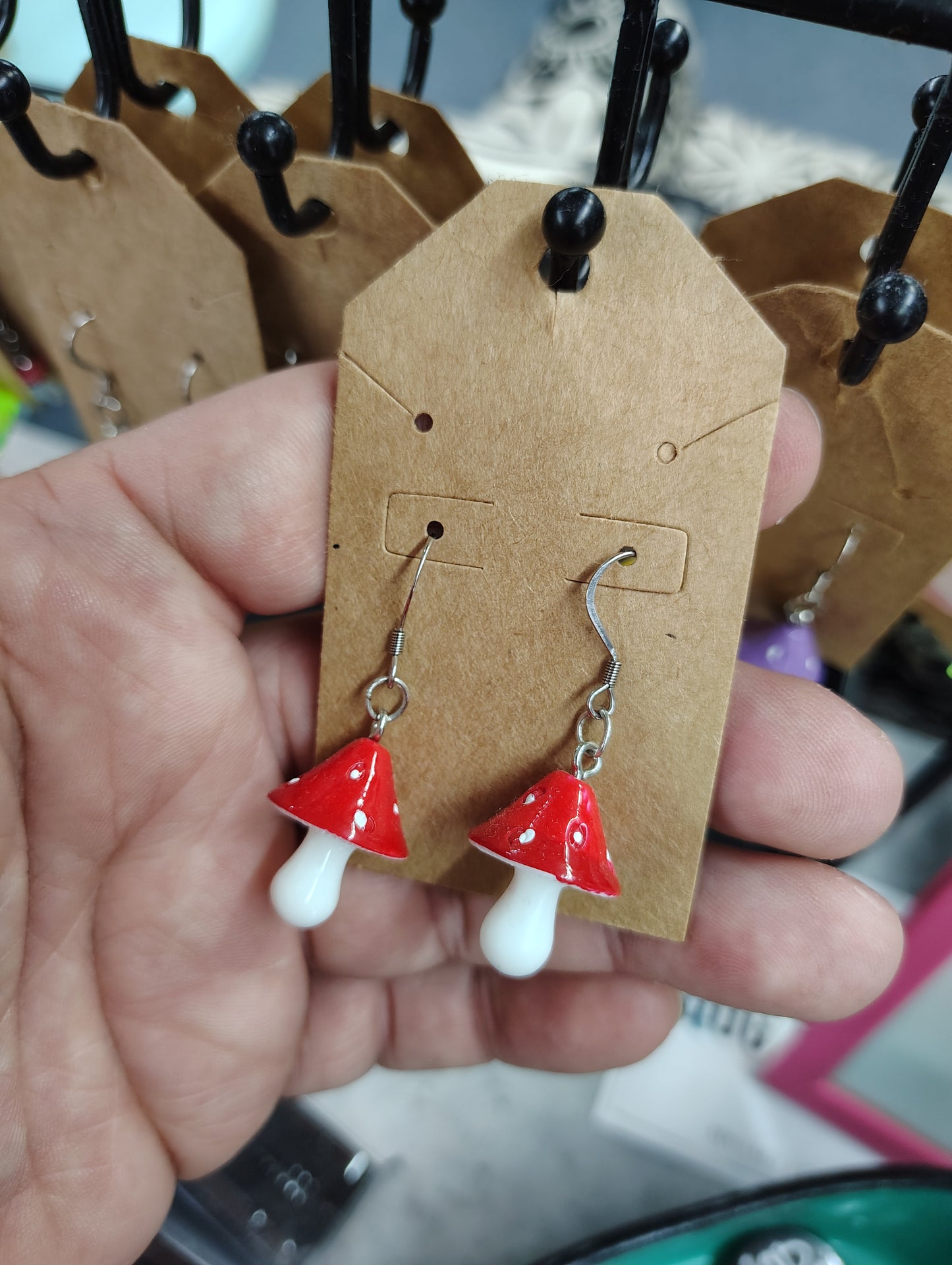 Handmade stainless steel post red mushroom earrings