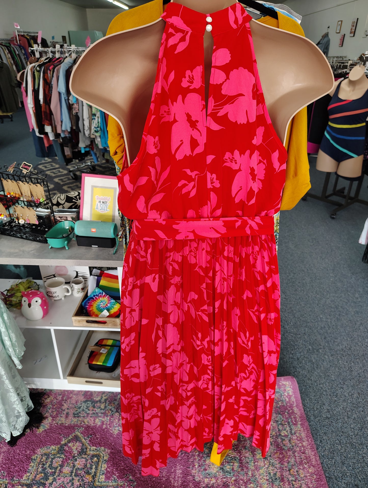 Shein red pink pleated midi floral dress size 1x/2x