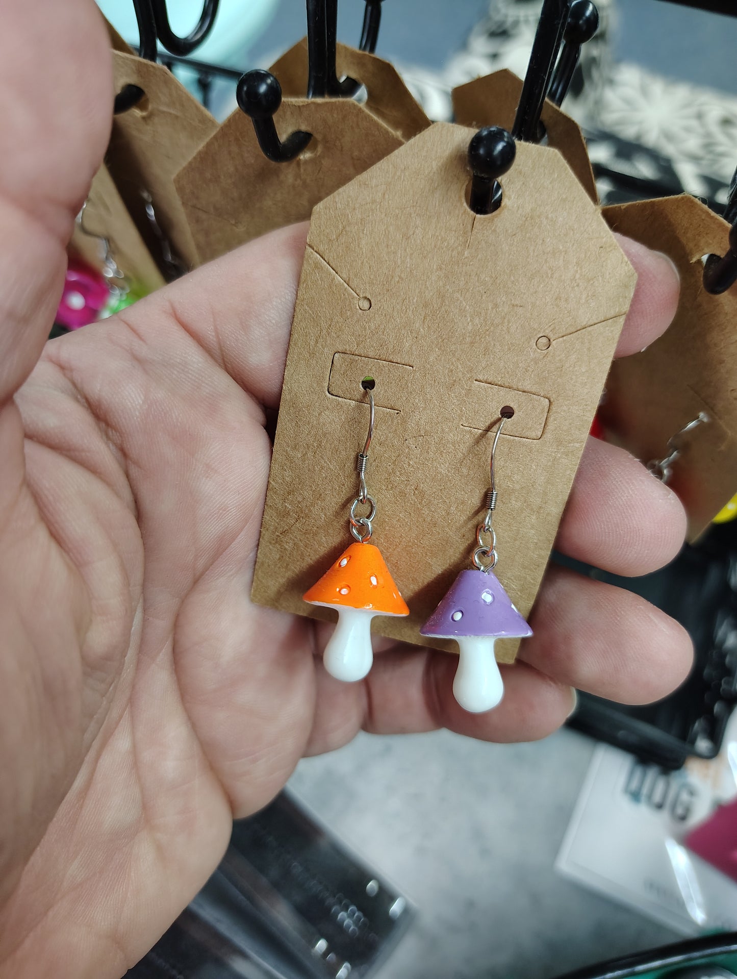 Handmade stainless steel posts orange and purple mushroom earrings