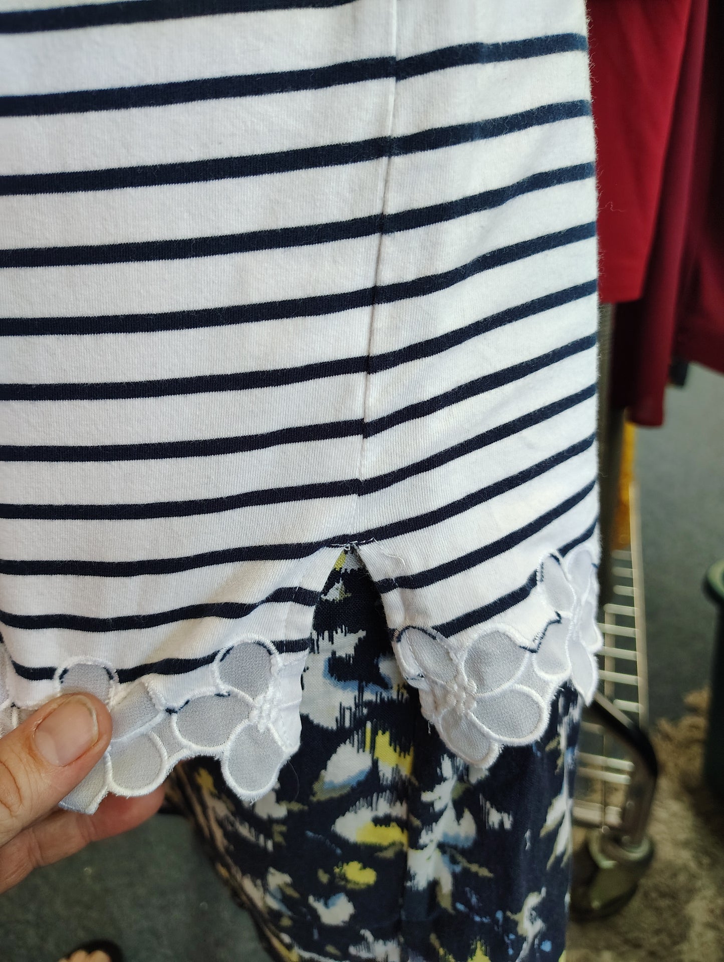 CJ Banks navy and white striped top with floral trim size 2x
