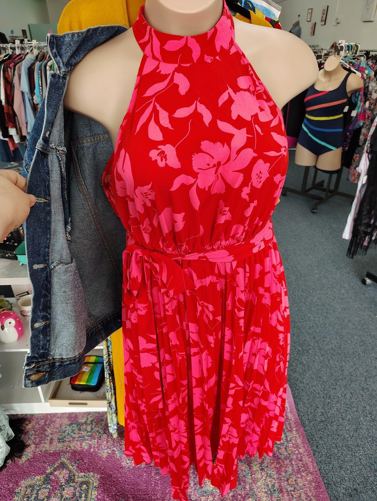 Shein red pink pleated midi floral dress size 1x/2x