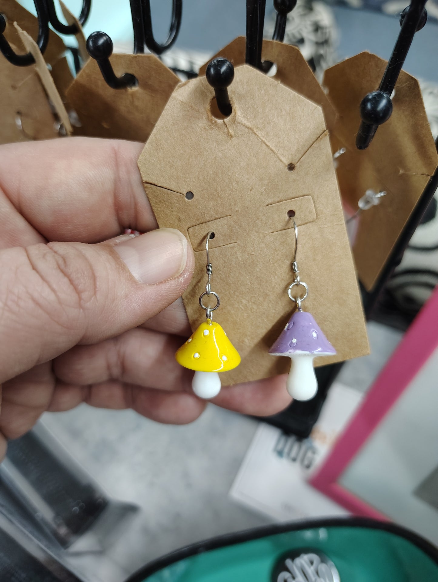 Handmade mushroom earrings purple and yellow stainless steel posts