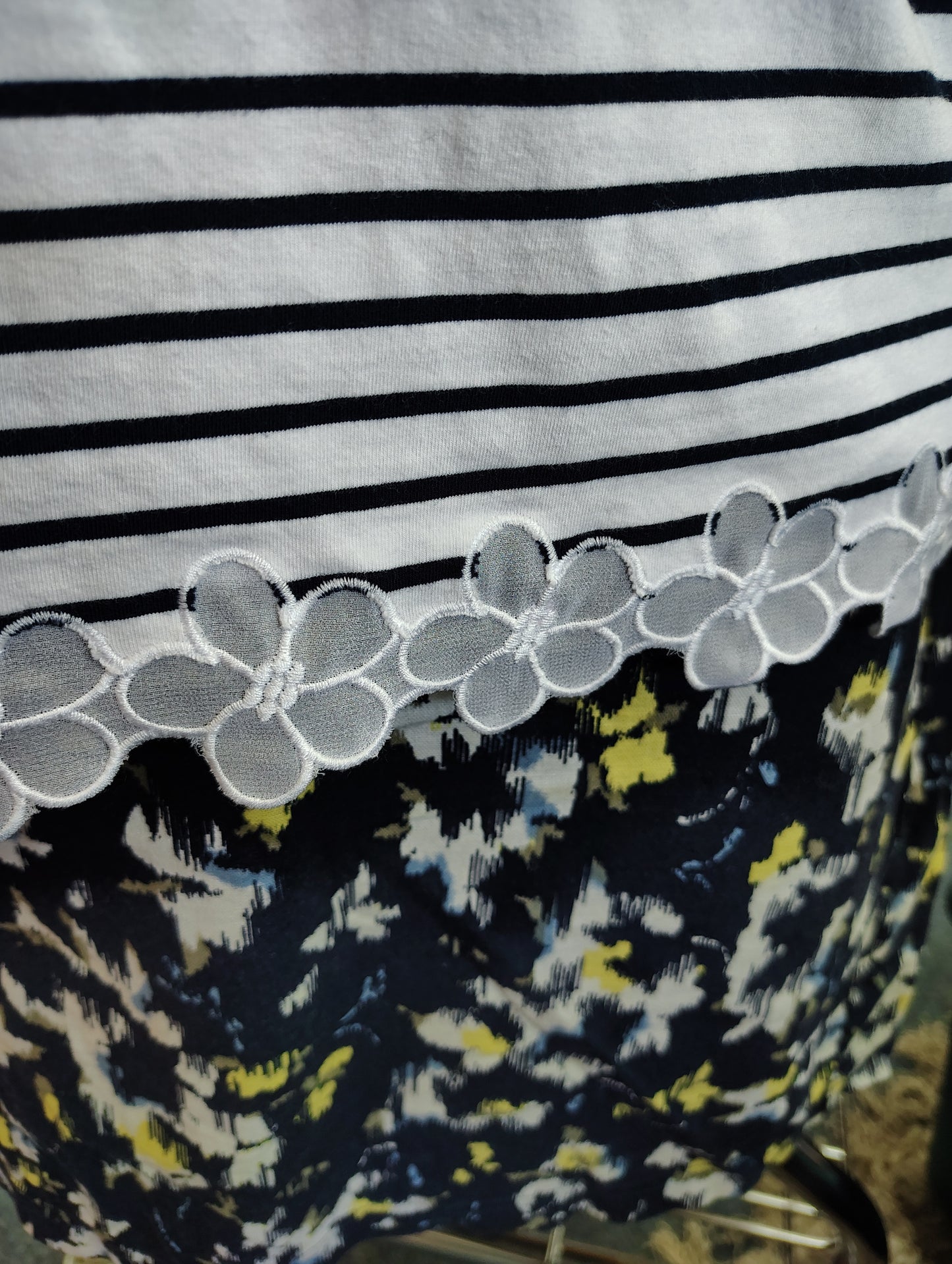 CJ Banks navy and white striped top with floral trim size 2x