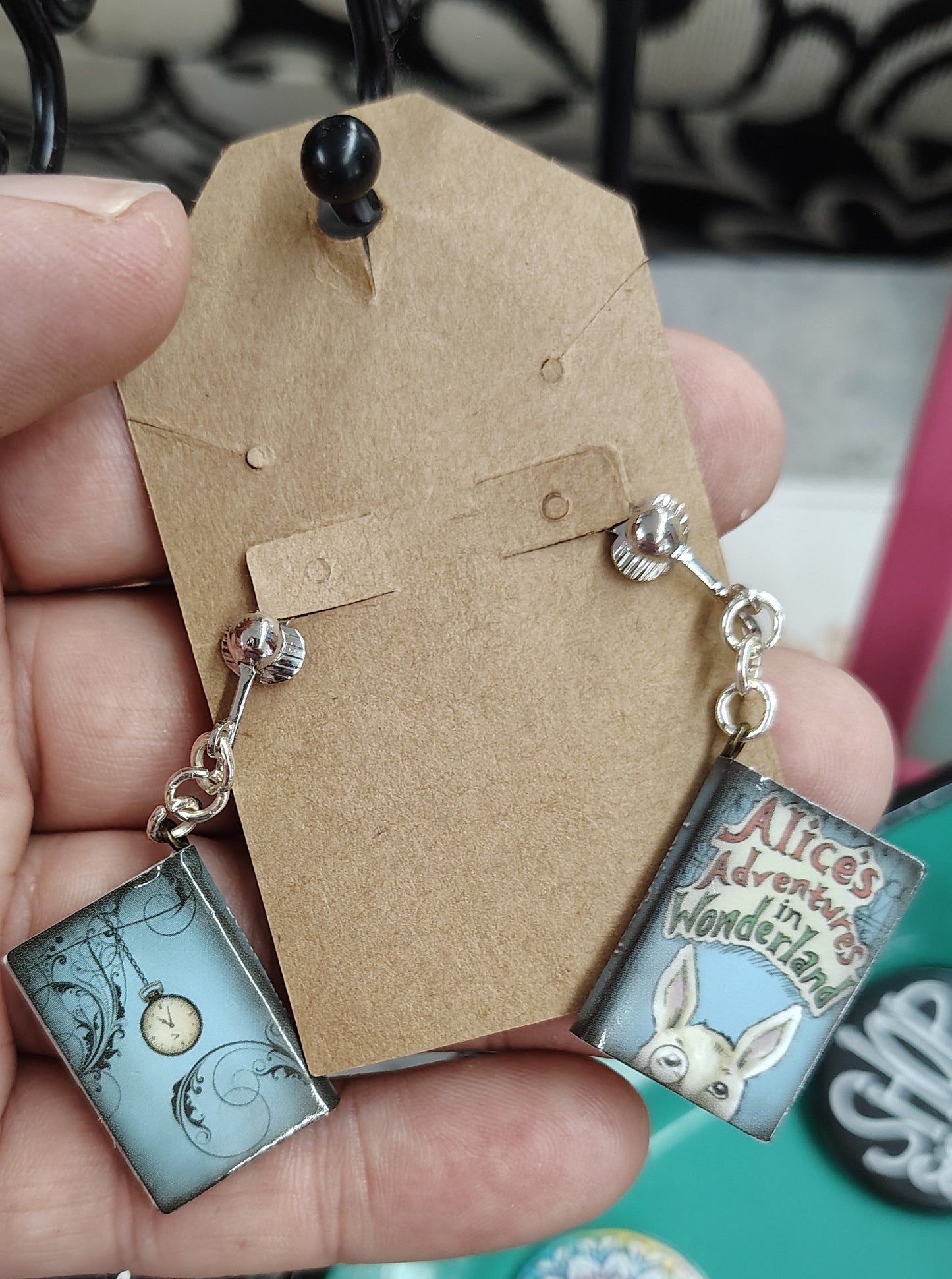 Alice in Wonderland handmade book clip on earrings