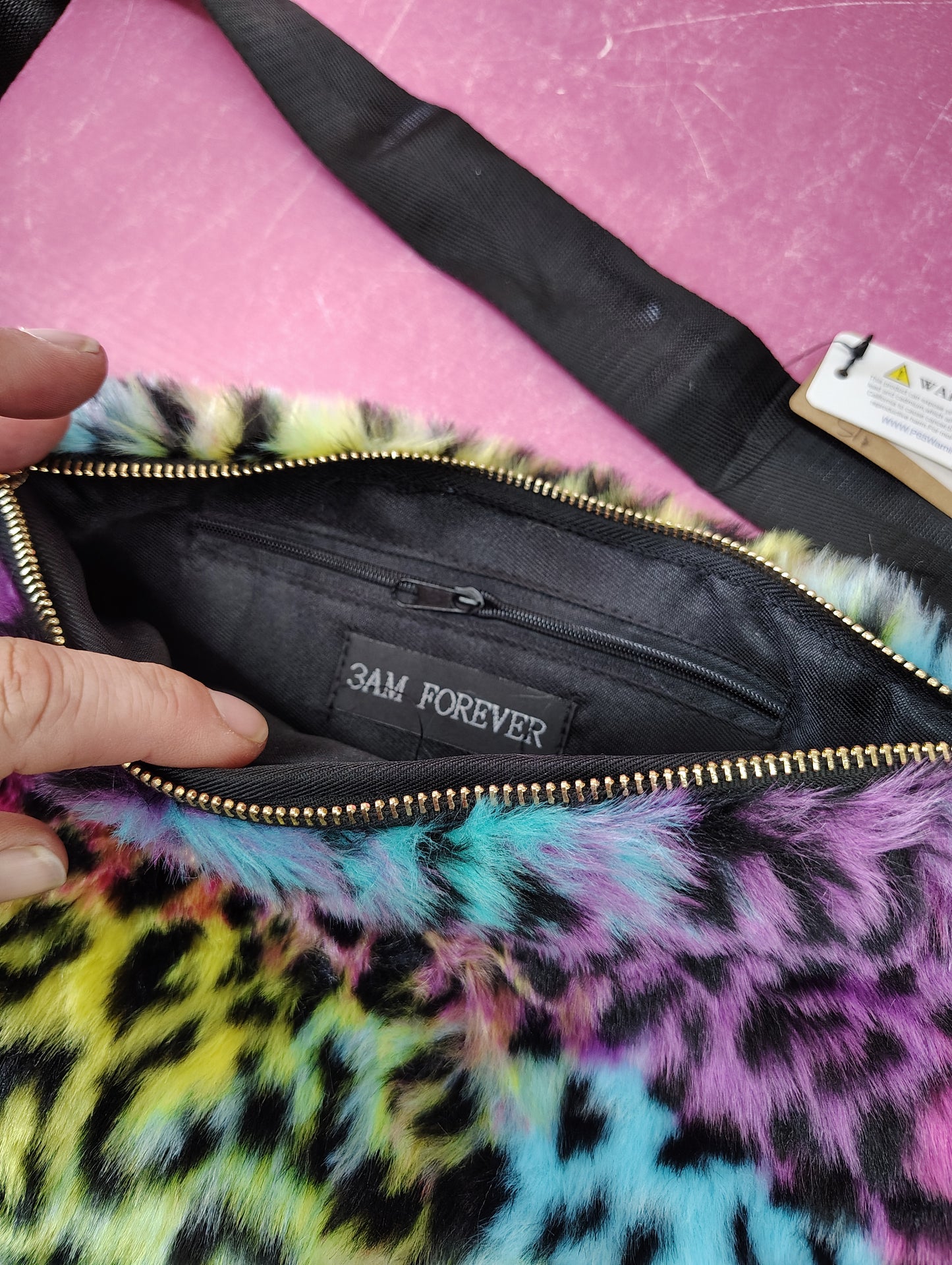 New fuzzy animal print fanny pack with zipper pocket