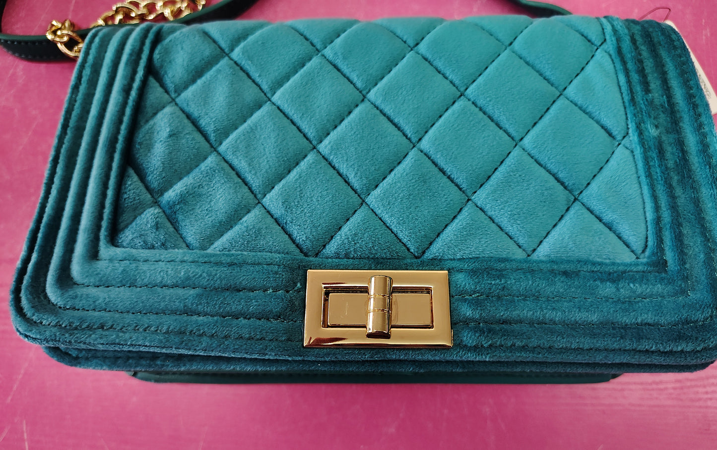 New teal quilted velvet crossbody bag purse