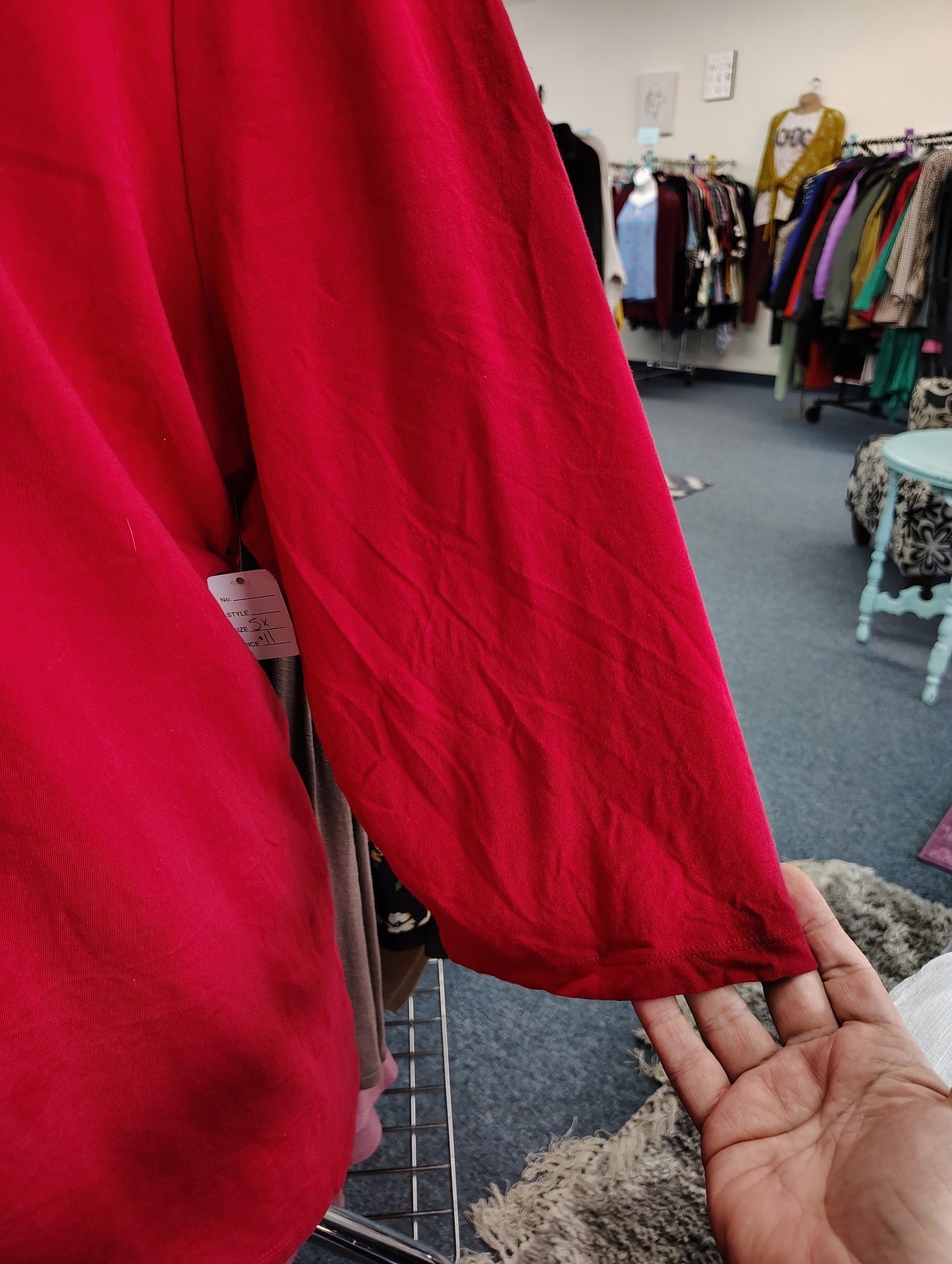 Catherines red top with black velvet floral detail size 5x