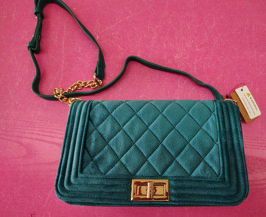 New teal quilted velvet crossbody bag purse
