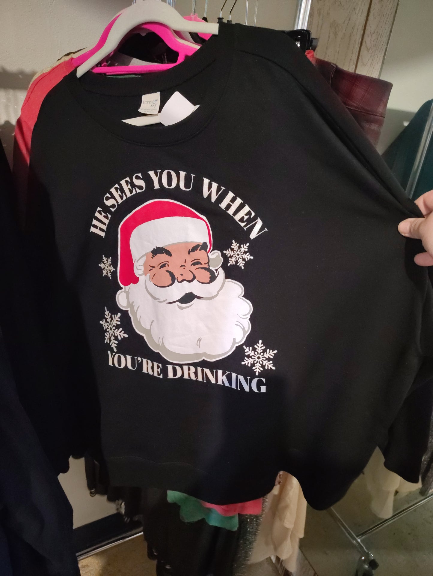 Terra & Sky black Santa sees you drinking sweatshirt 4x