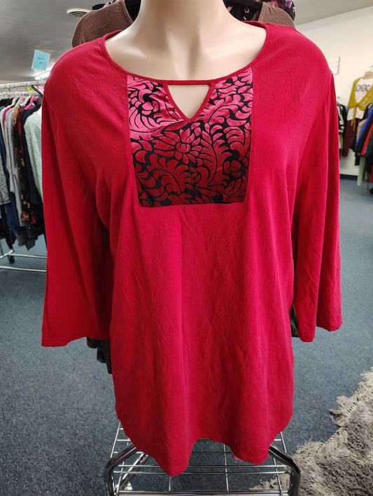 Catherines red top with black velvet floral detail size 5x