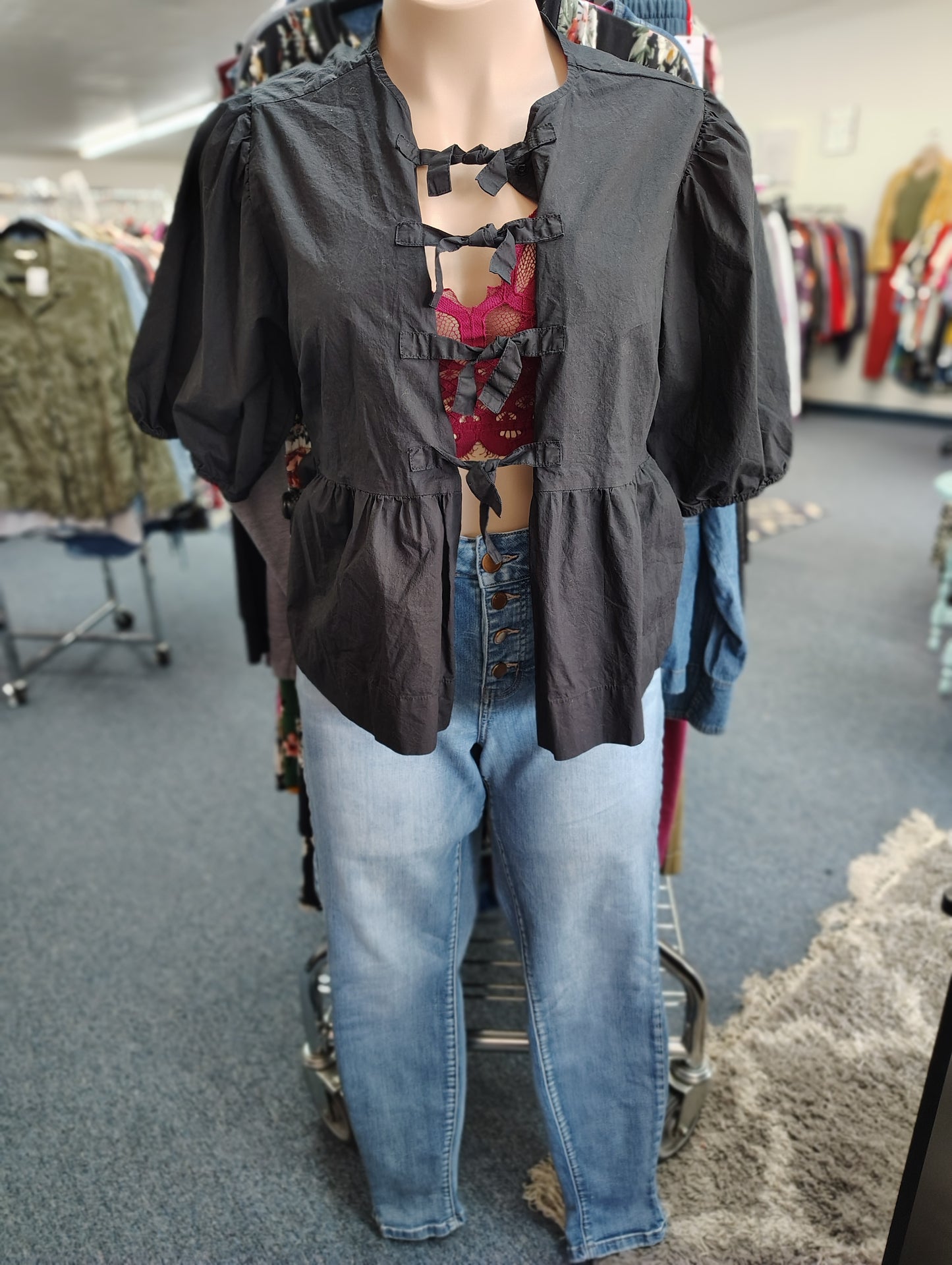 Velvet Heart black bow front babydoll top 2x