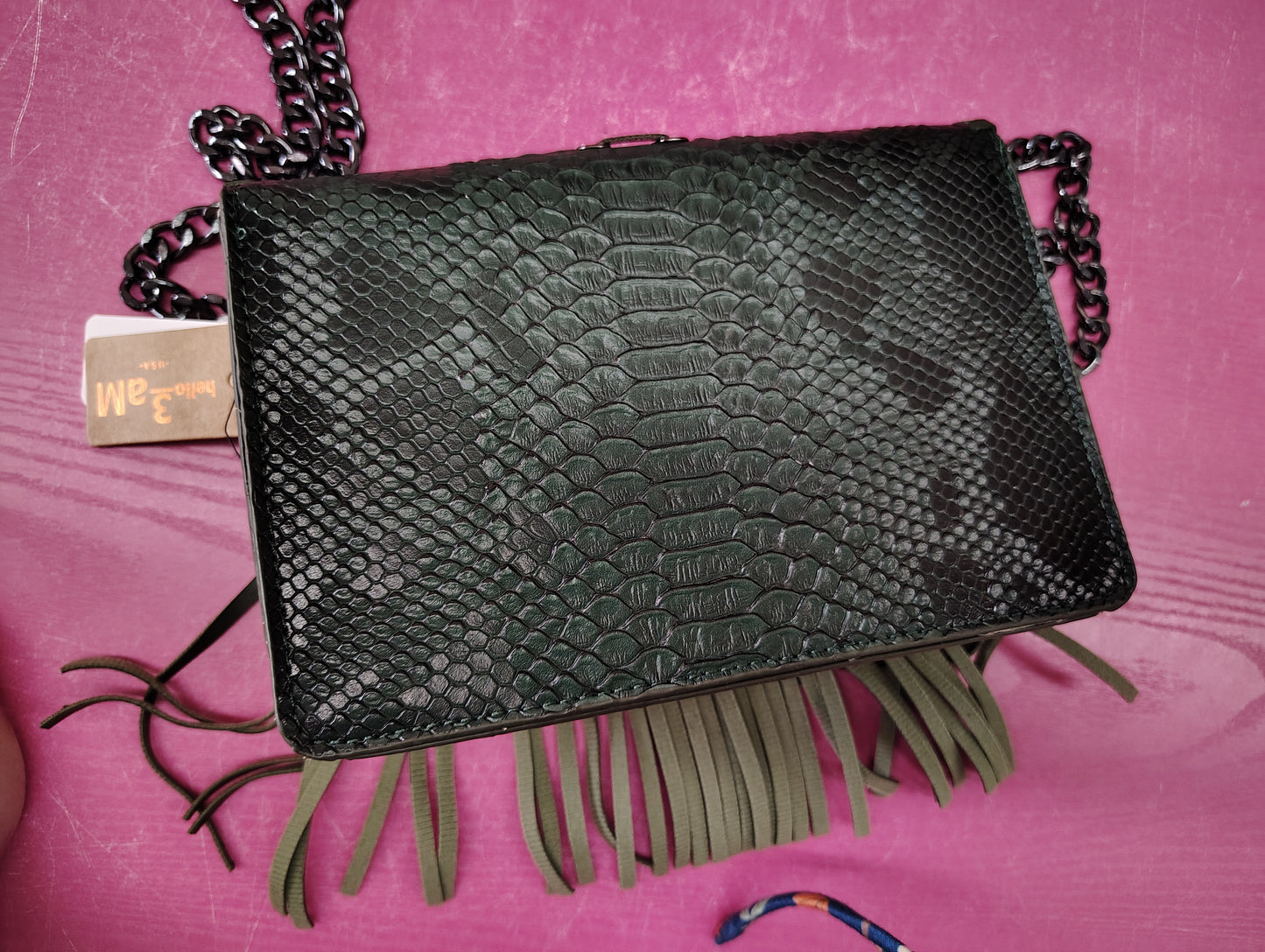 Green fringe animal print small handbag new