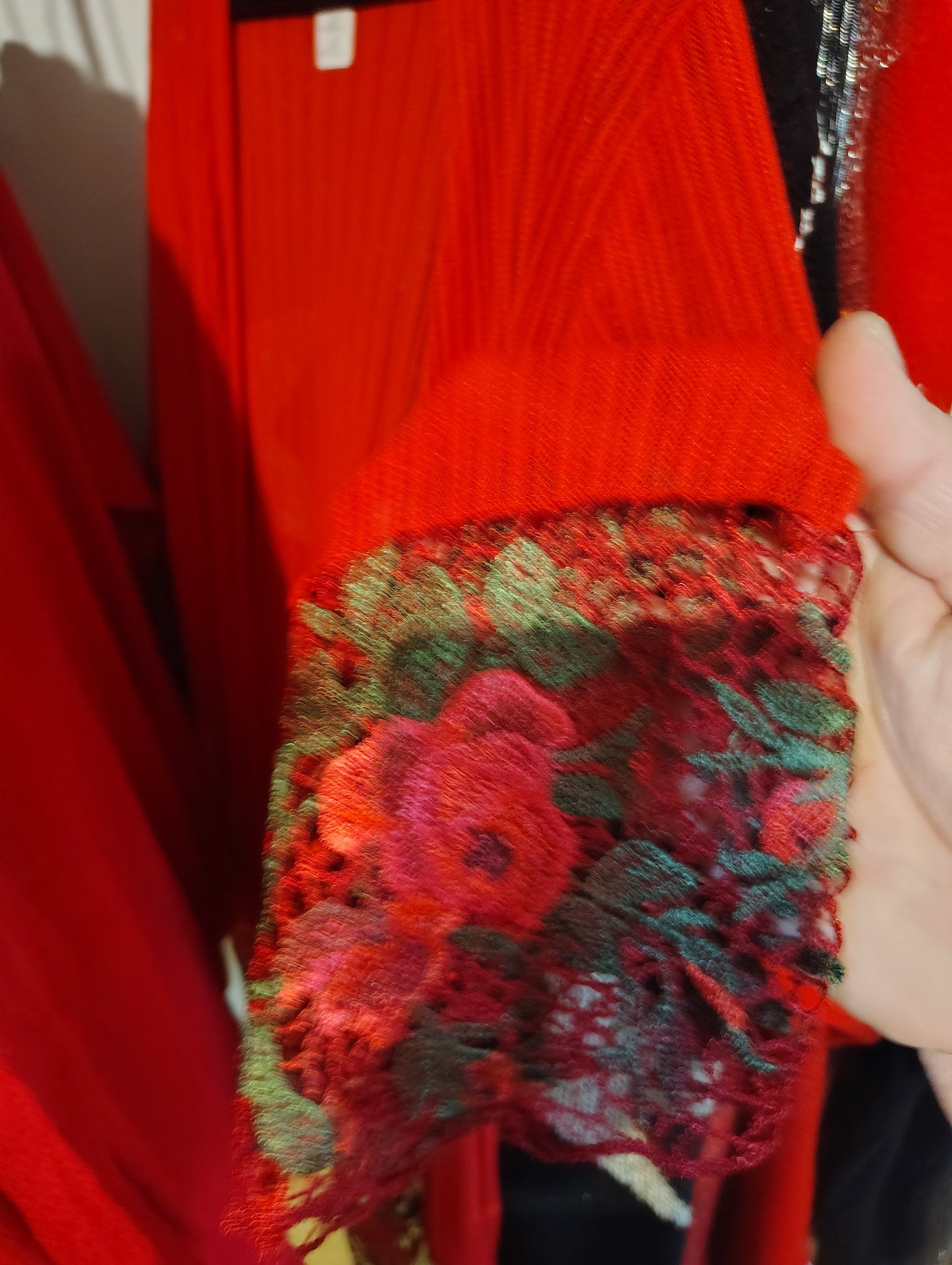 Red pleated kimono coverup with floral accent 2x