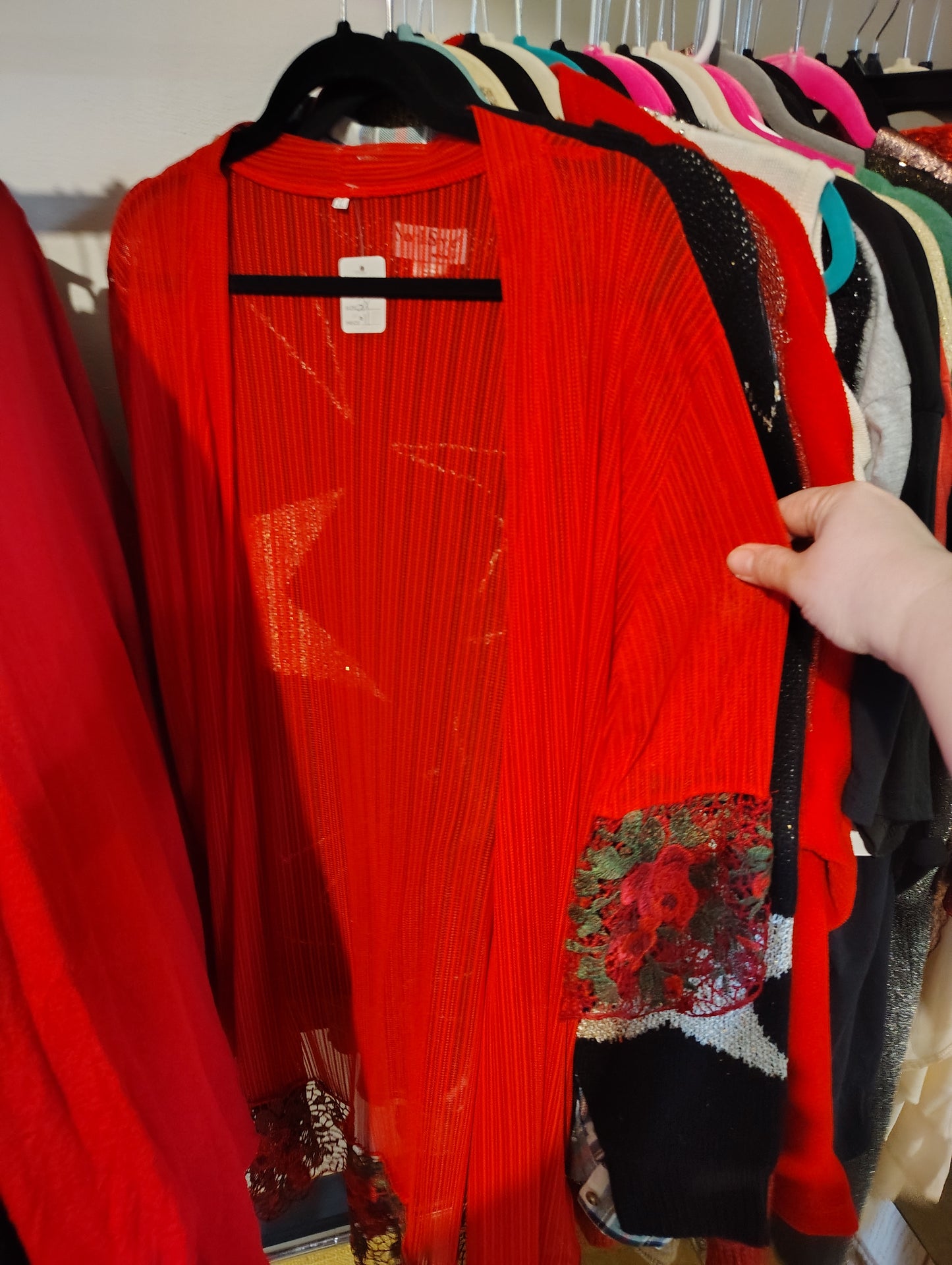 Red pleated kimono coverup with floral accent 2x