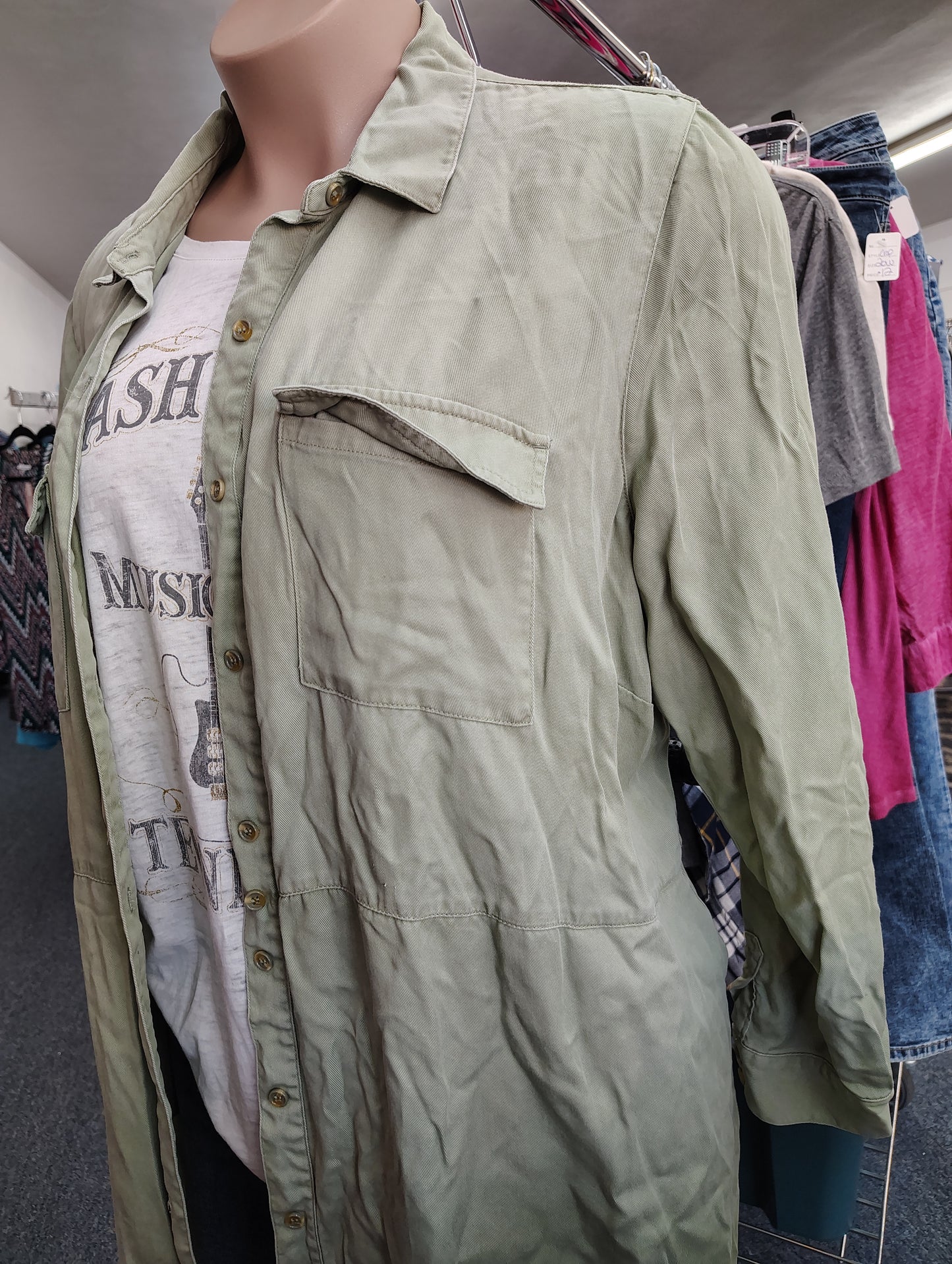 Yesta sage green denim long button front dress jacket 22/24 3x