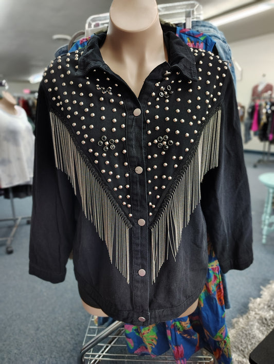 Shein Curve black button front western look fringe denim jacket size 2x