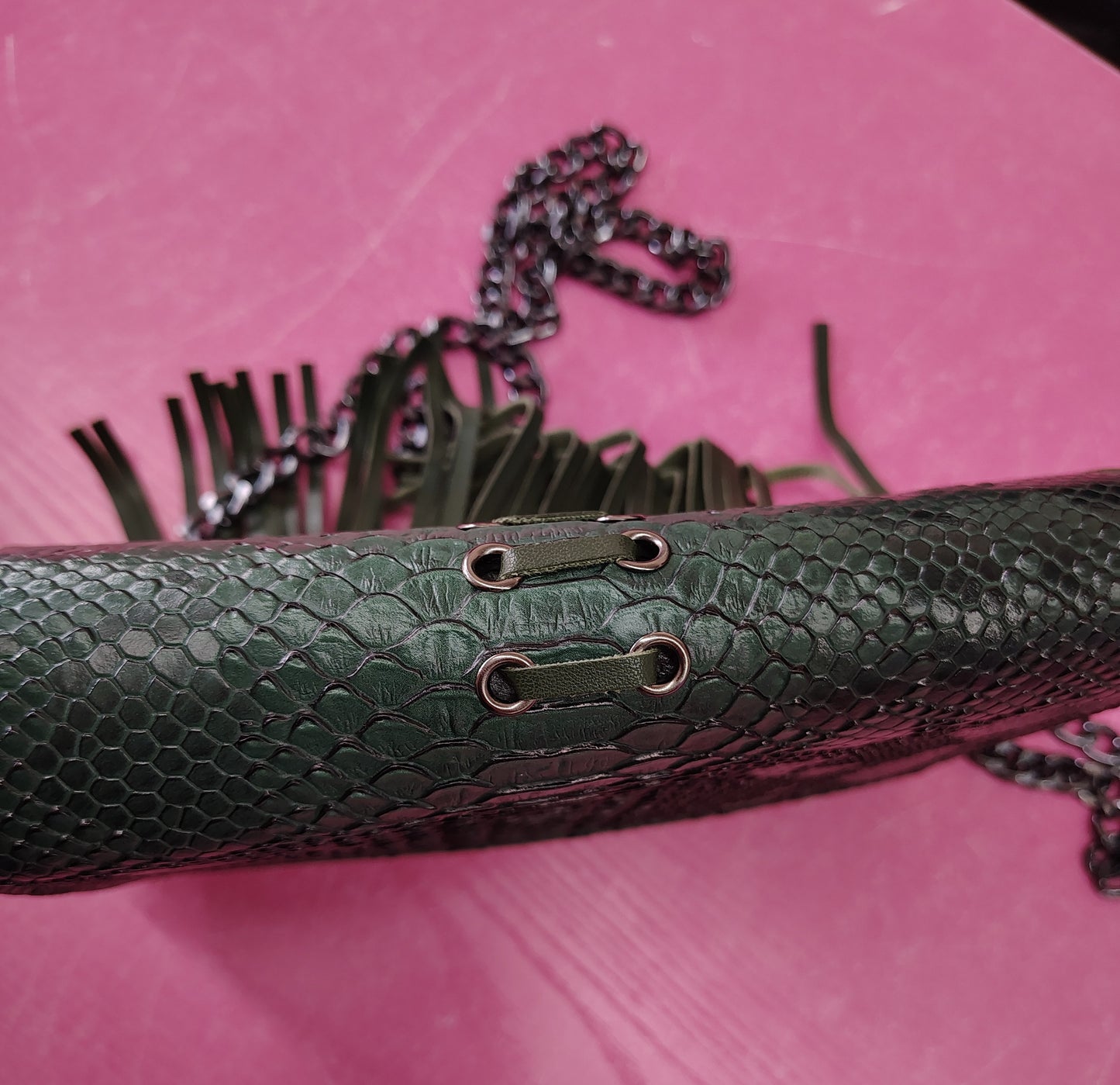 Green fringe animal print small handbag new