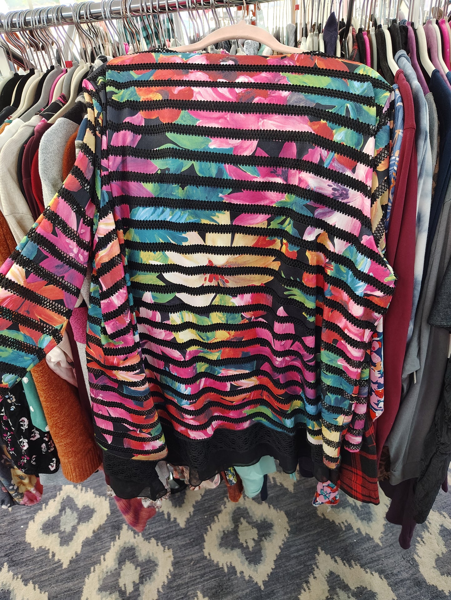 Twofer striped and floral top with black lace underneath 3x