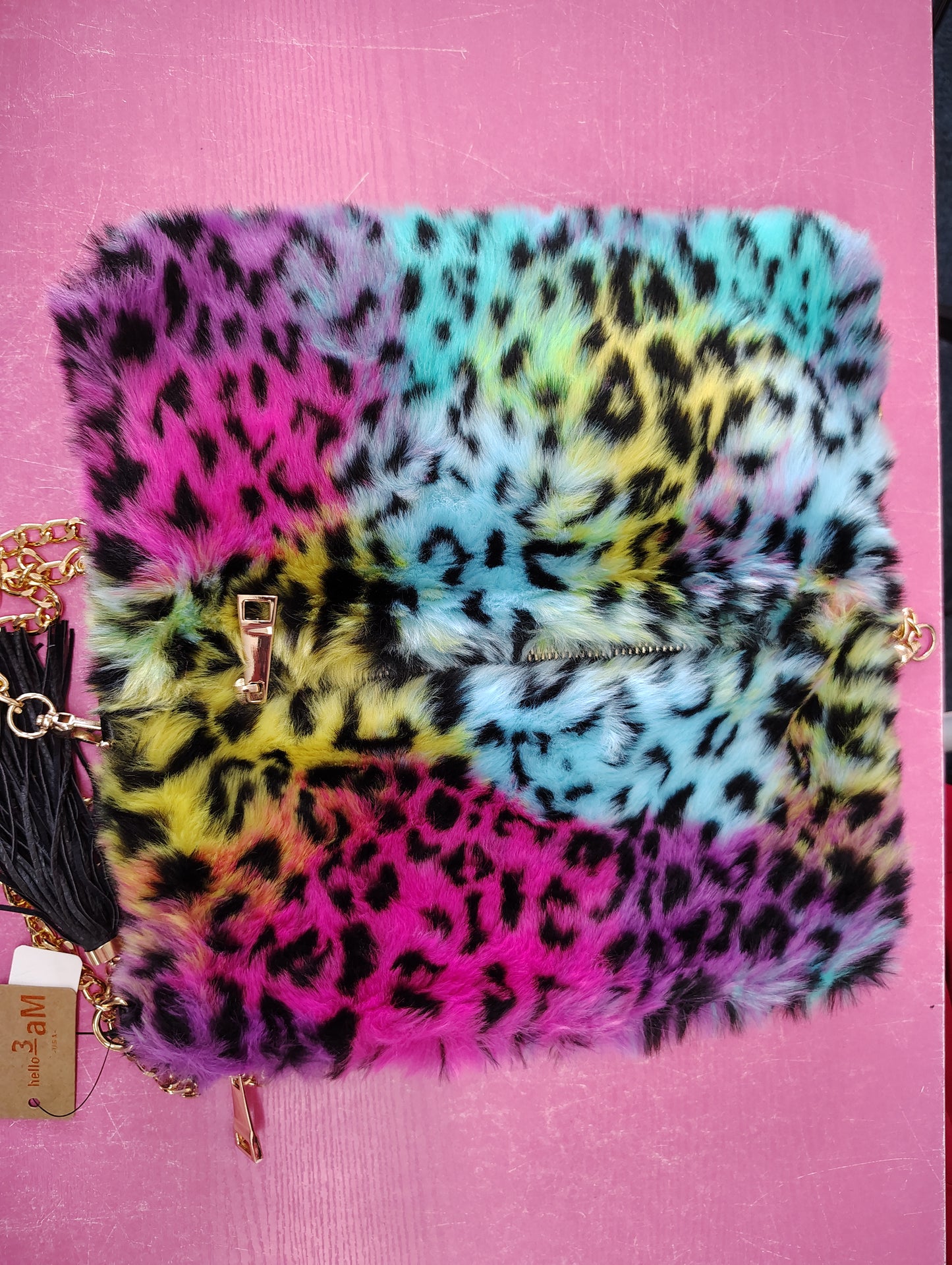 New fuzzy rainbow crossbody clutch bag