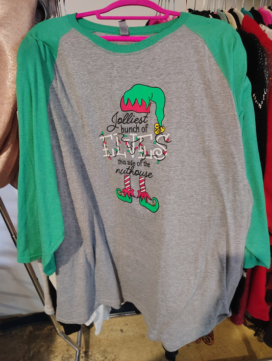 Jerzees raglan sleeve graphic tee Elves in the Nuthouse 4x