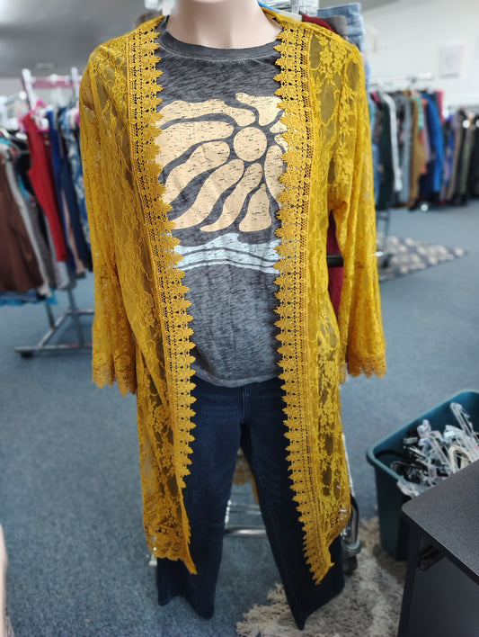 Polly Esther mustard lace duster kimono size 2x