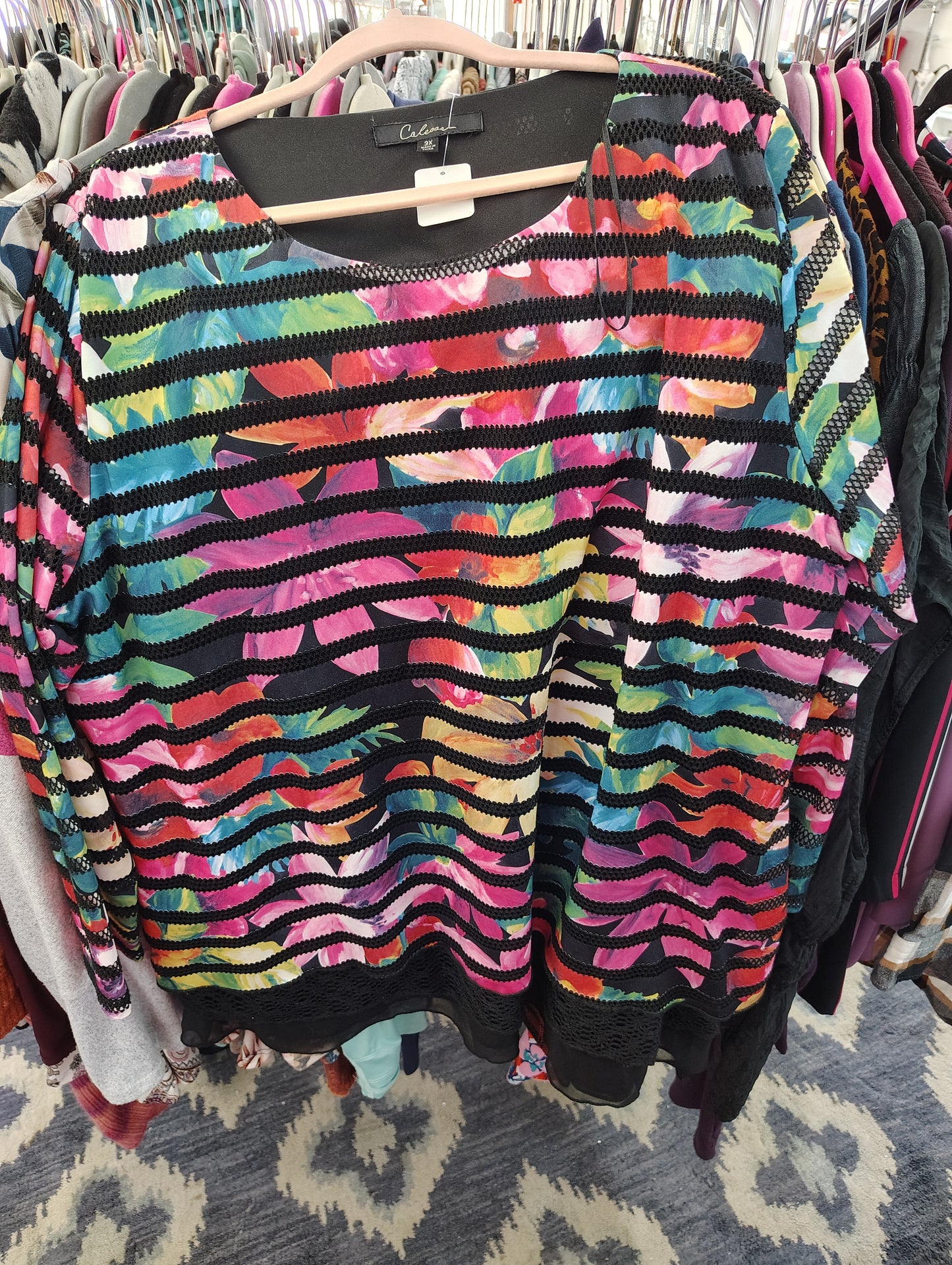 Twofer striped and floral top with black lace underneath 3x