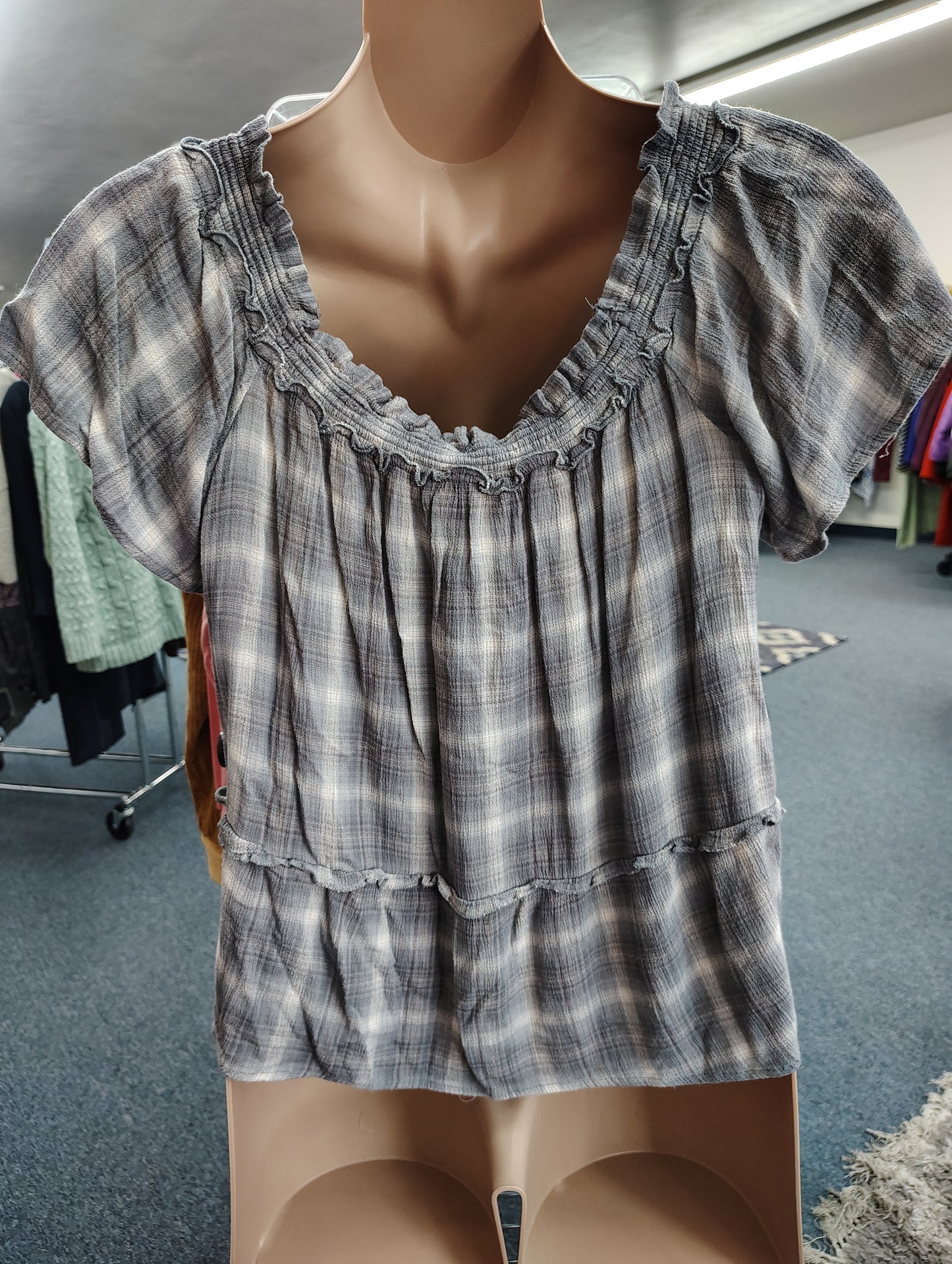 Maurices plaid tiered off the shoulder top size xl