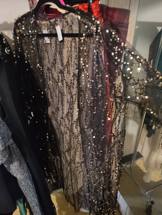Black and silver sequin open front coverup jacket size 1x