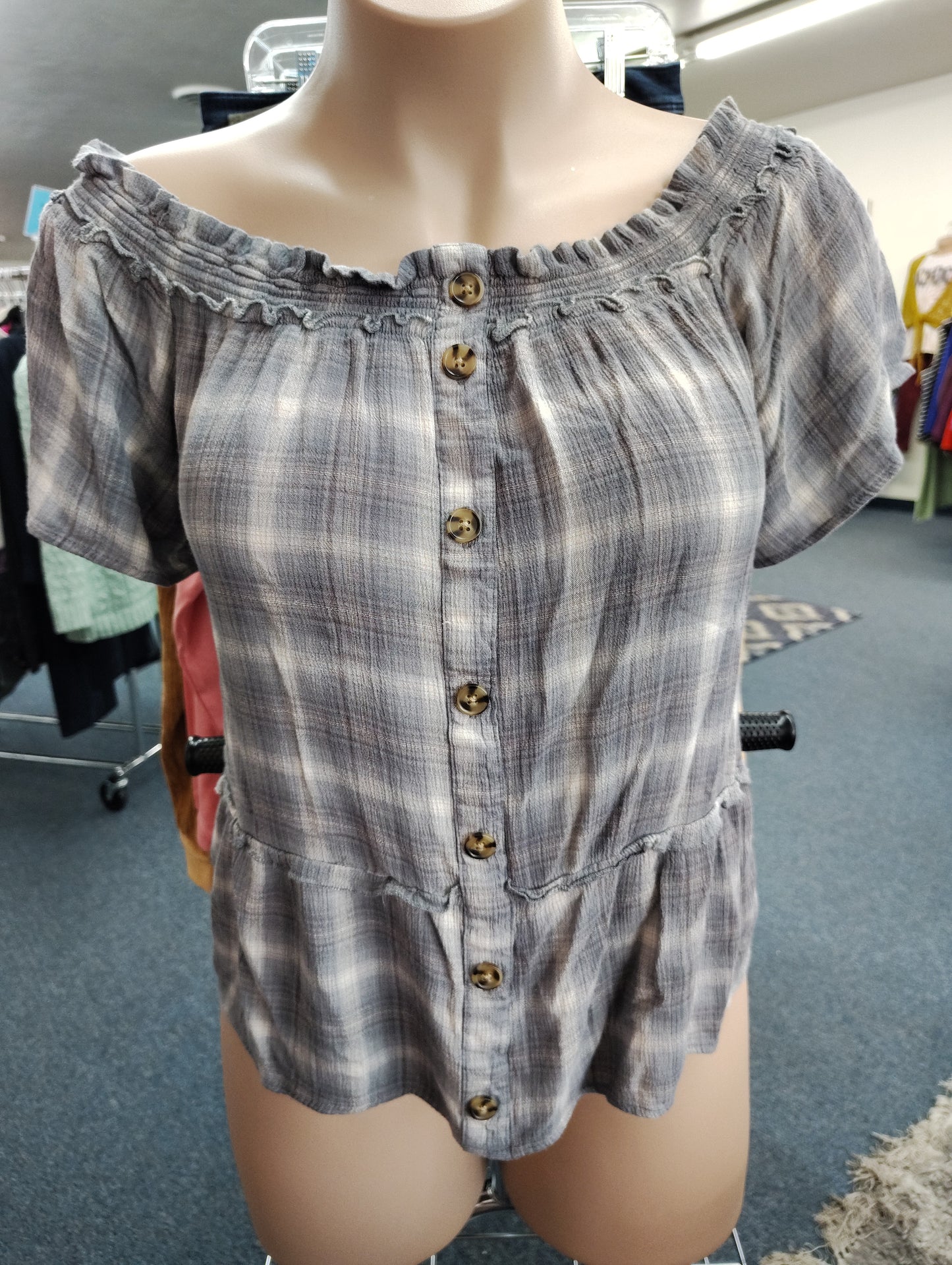 Maurices plaid tiered off the shoulder top size xl