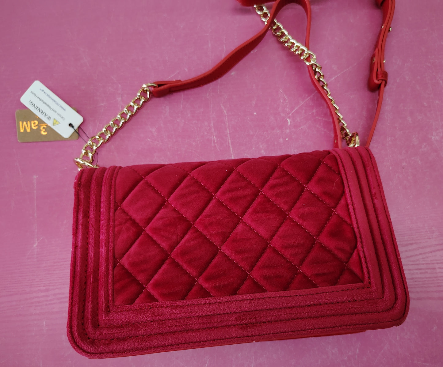 New pink/red quilted velvet crossbody bag purse
