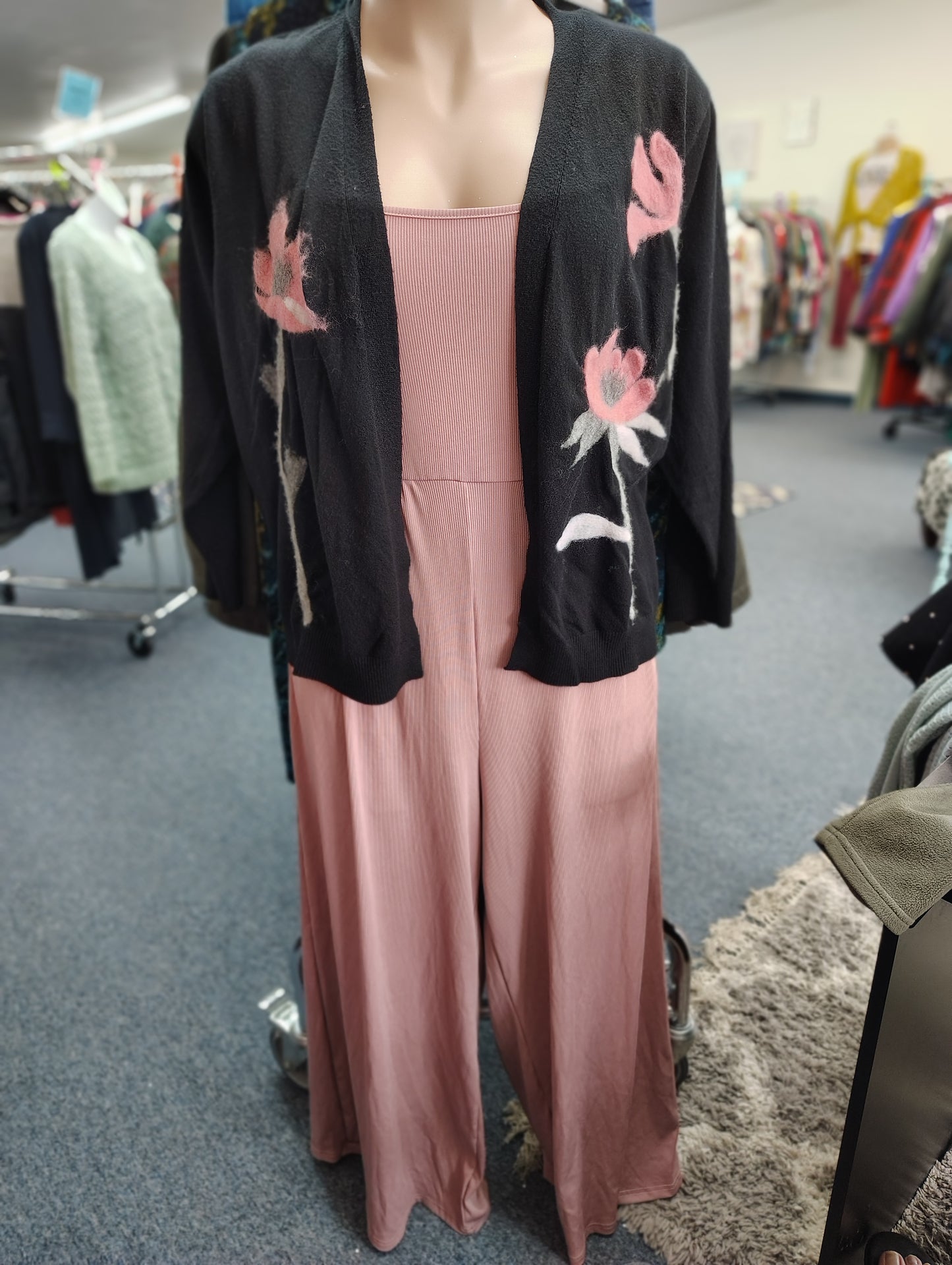 Aaeda black cardigan with raised flowers size 2x