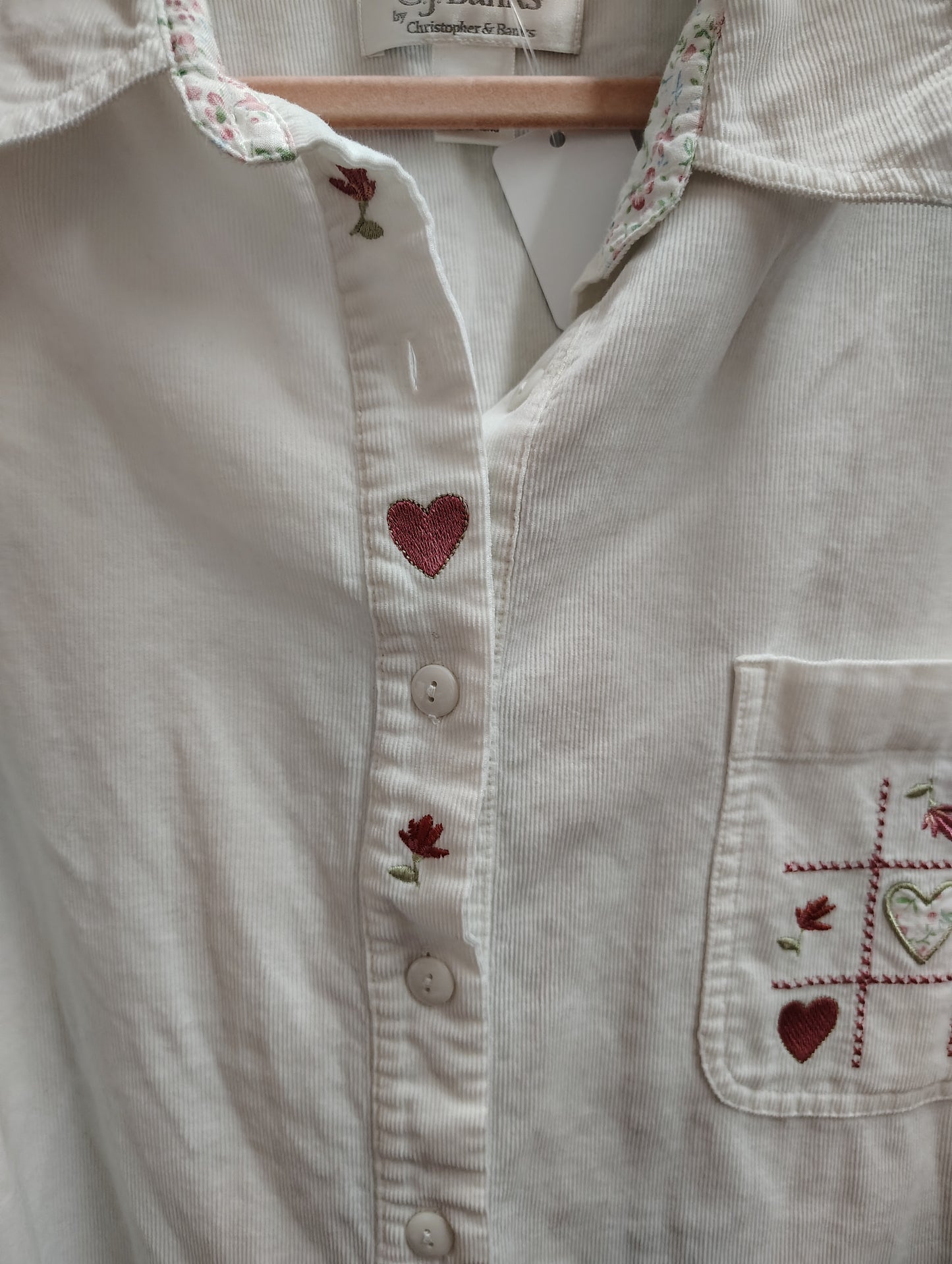 CJ Banks white corduroy button front top with embroidery size 3x