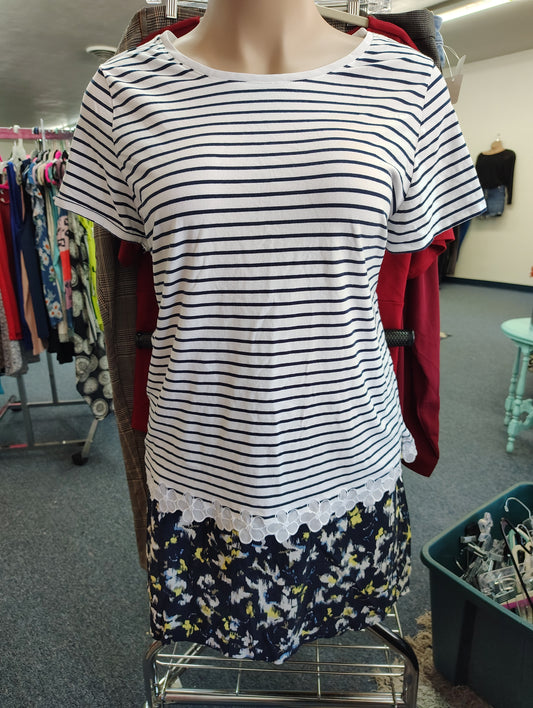 CJ Banks navy and white striped top with floral trim size 2x