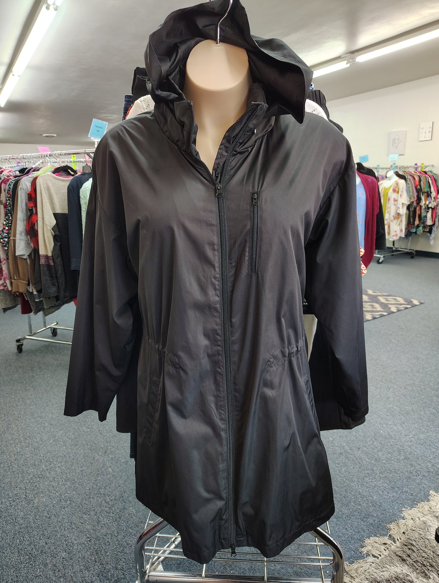 Stylus black long rain jacket with hood size 2x