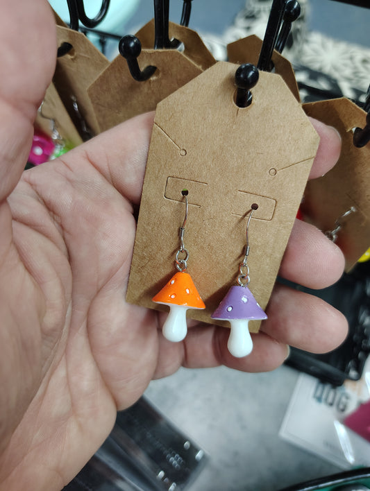 Handmade stainless steel posts orange and purple mushroom earrings