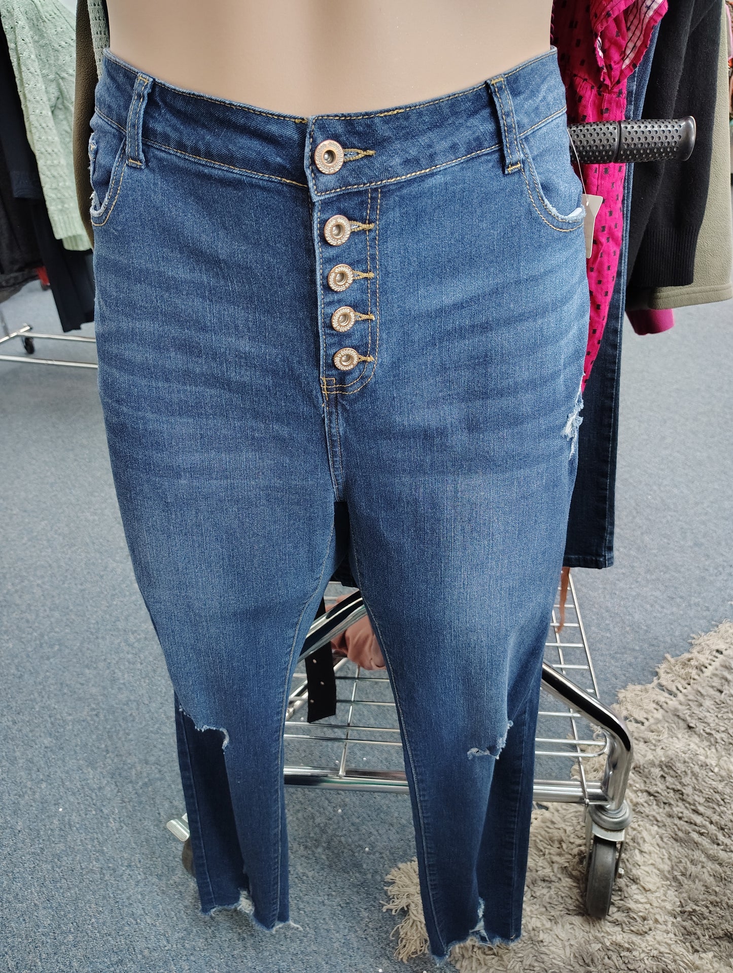 Button fly distressed skinny jeans size 18