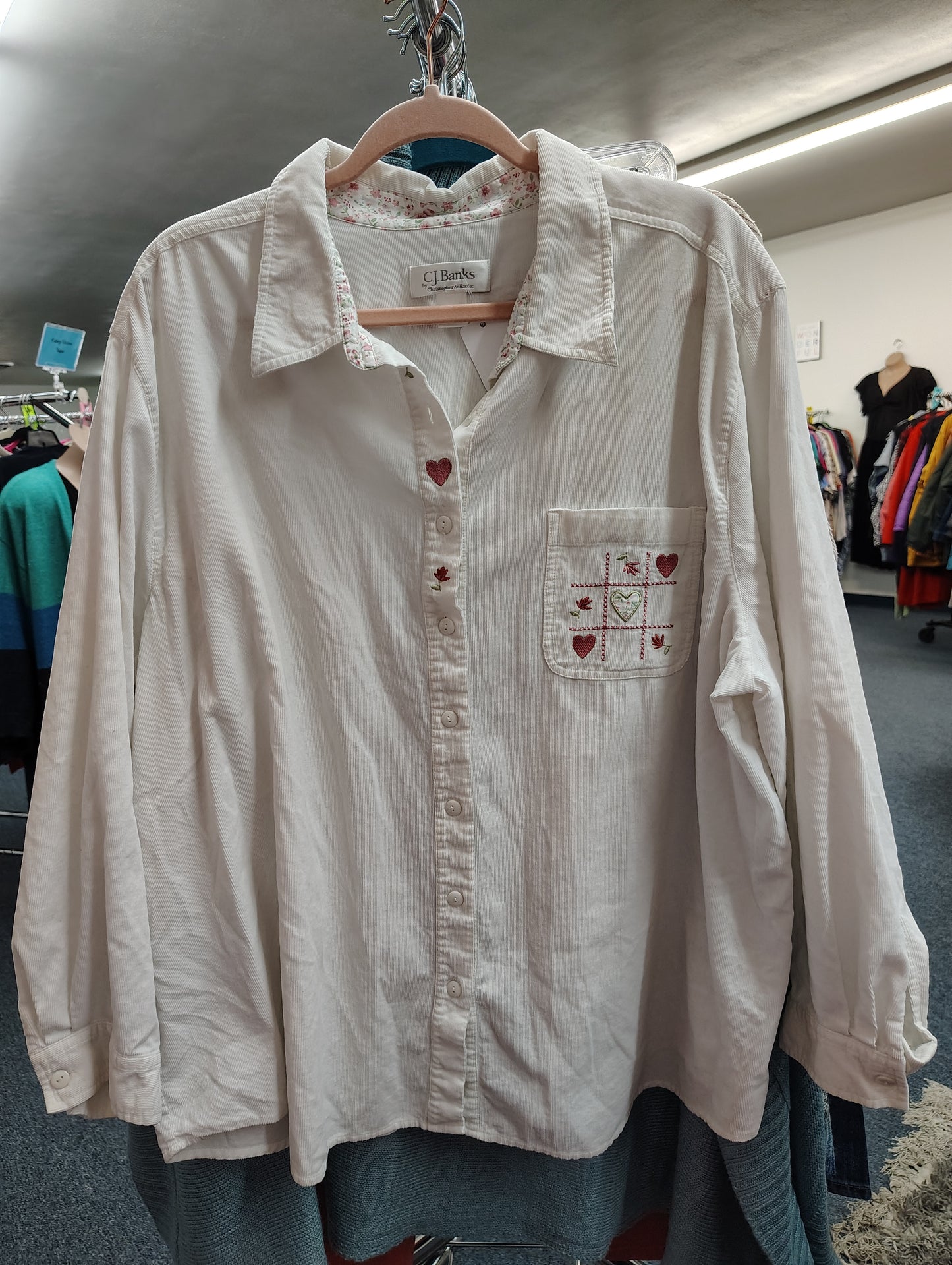 CJ Banks white corduroy button front top with embroidery size 3x