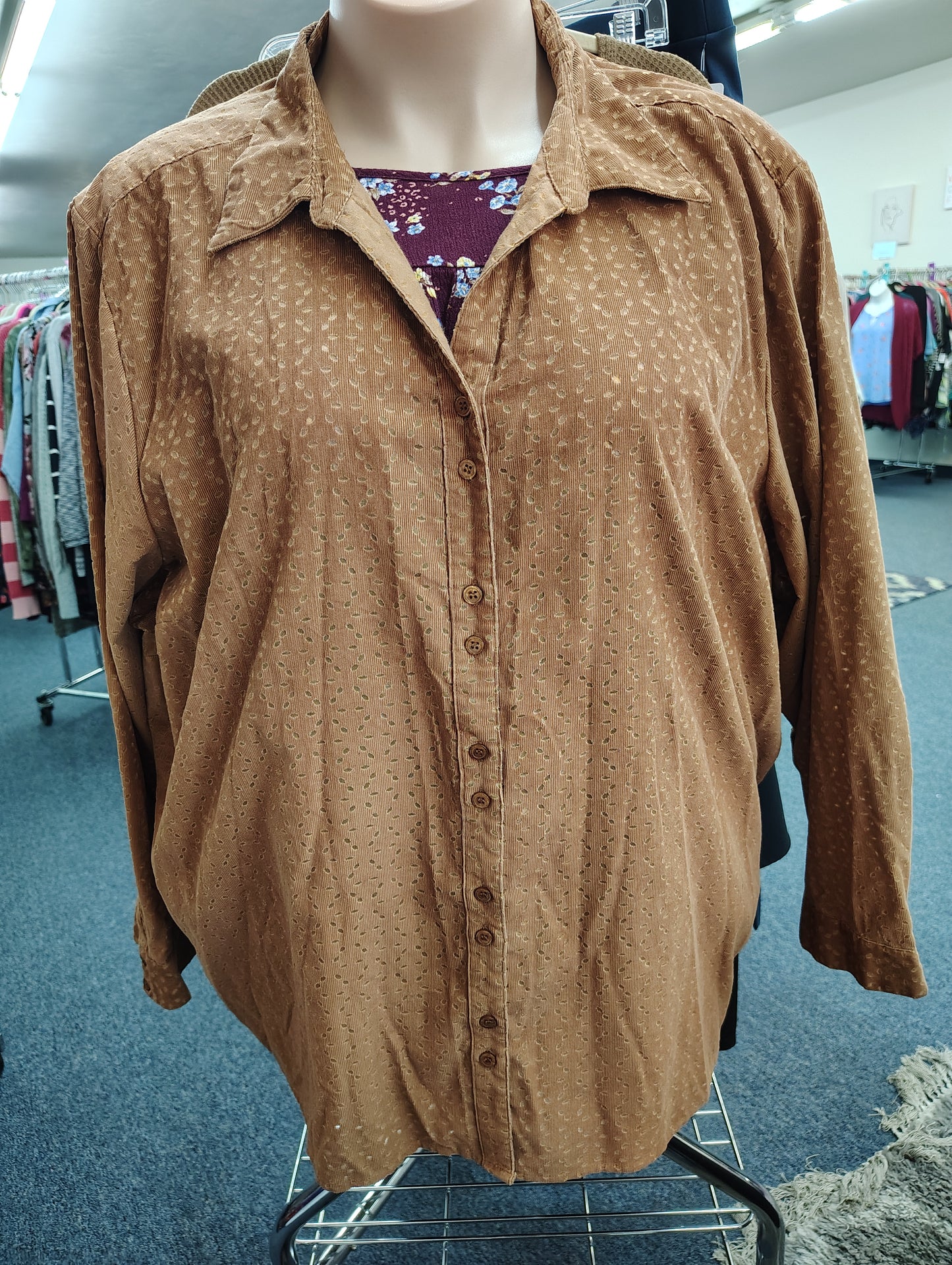 Liz & Me brown pattern corduroy button front shirt size 5x