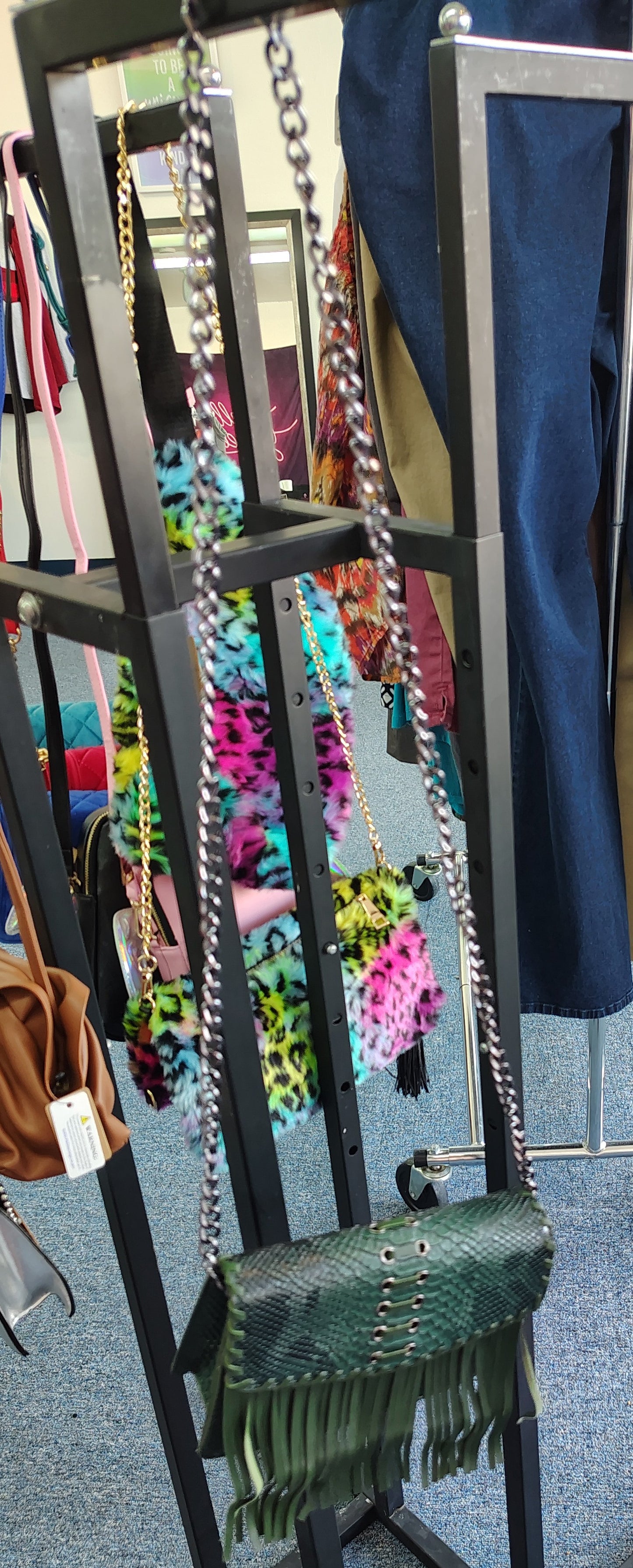 Green fringe animal print small handbag new