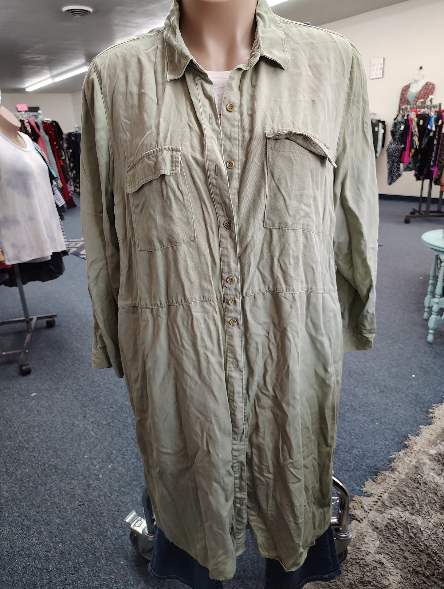 Yesta sage green denim long button front dress jacket 22/24 3x