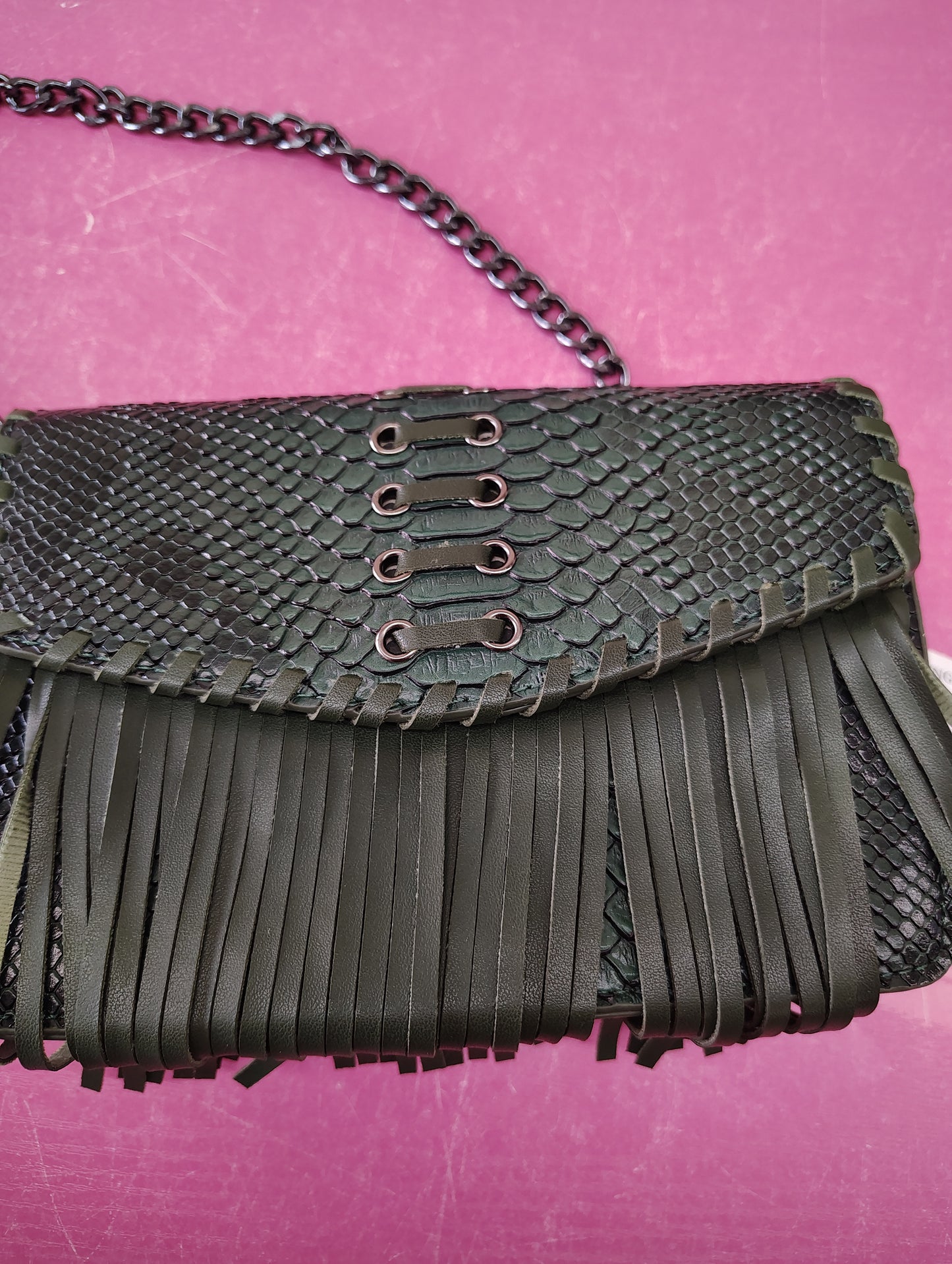 Green fringe animal print small handbag new