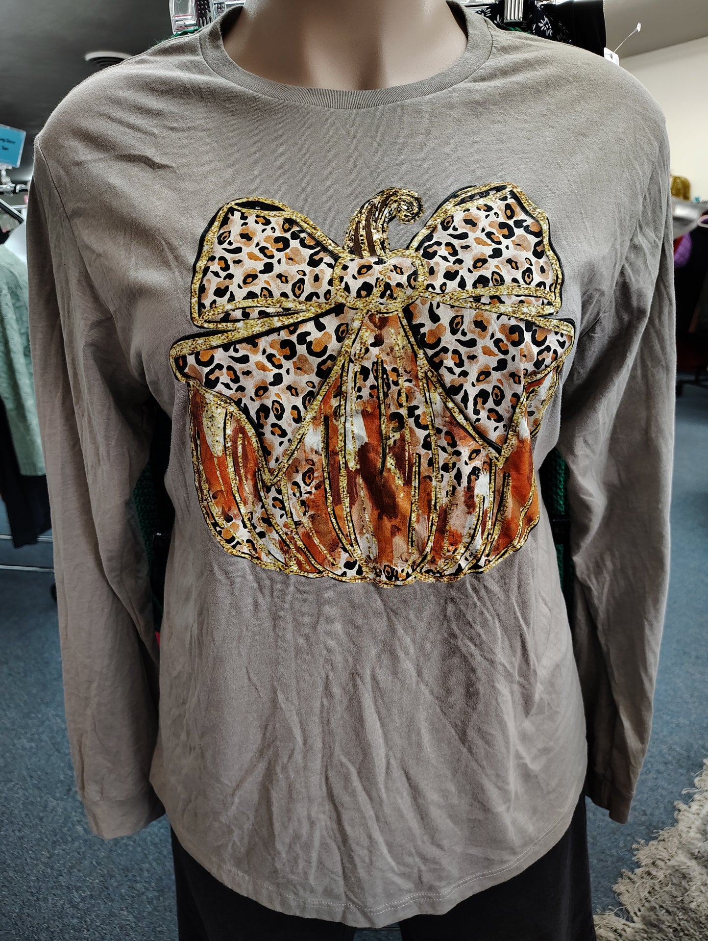 Bow pumpkin long sleeve tee gray size 1x
